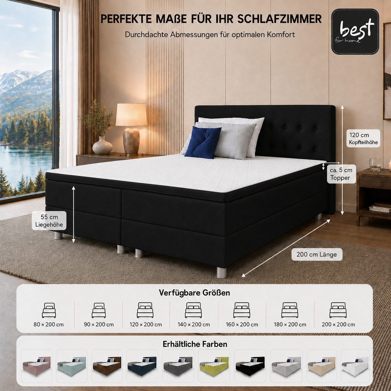 Best for Home Boxspringbett mit gepolstertem Kopfteil, komfortabler Bonnell-Matratze & 5 cm Topper (Boxspringbett-Set mit Matratze und Topper, 1-St., 90x200 120 – Bild 3 von 5