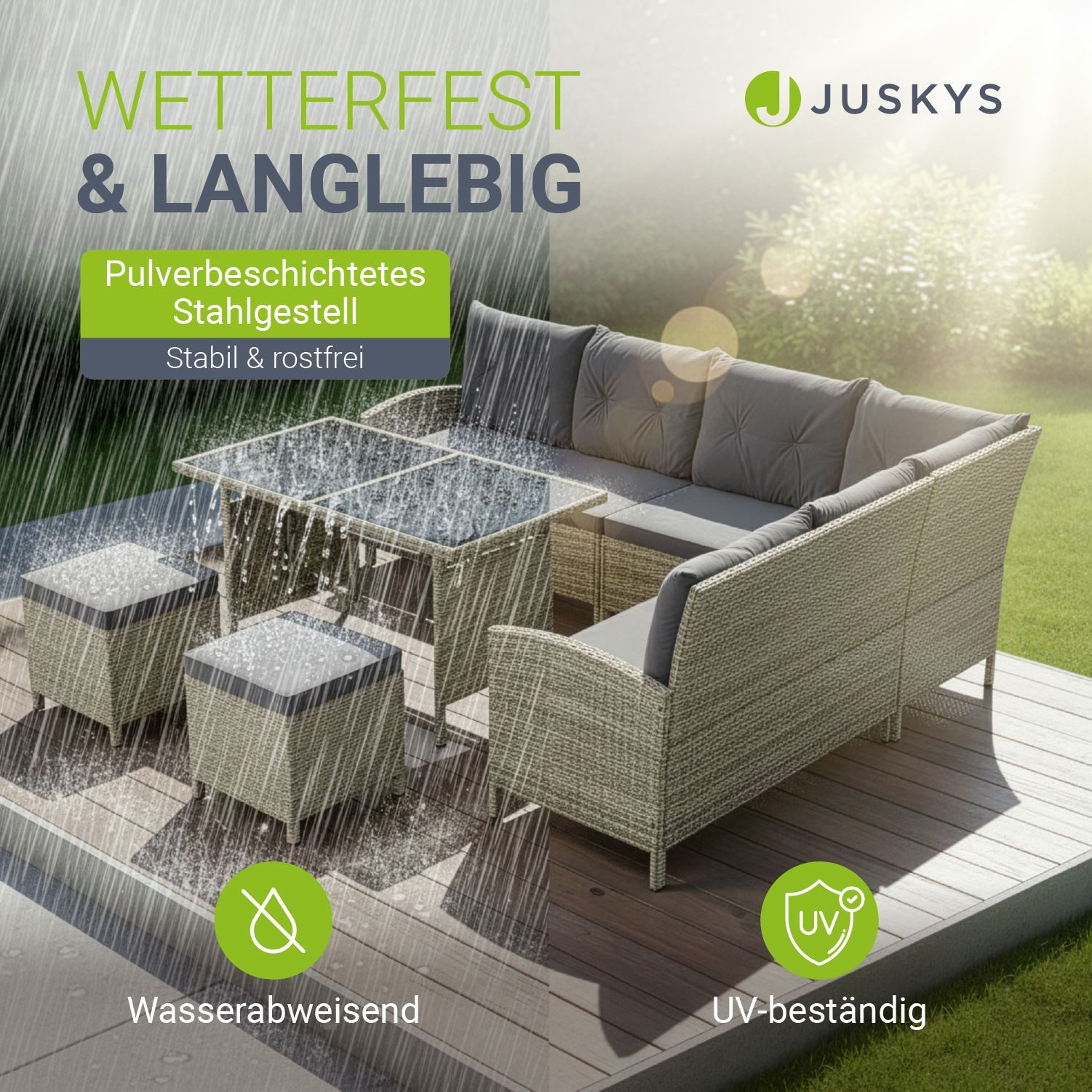 Juskys Gartenlounge-Set Manacor, (Gartenlounge), Polyrattan Gartenmöbel-Set mit Garten-Sofa, Garten-Tisch und 2 Hocker