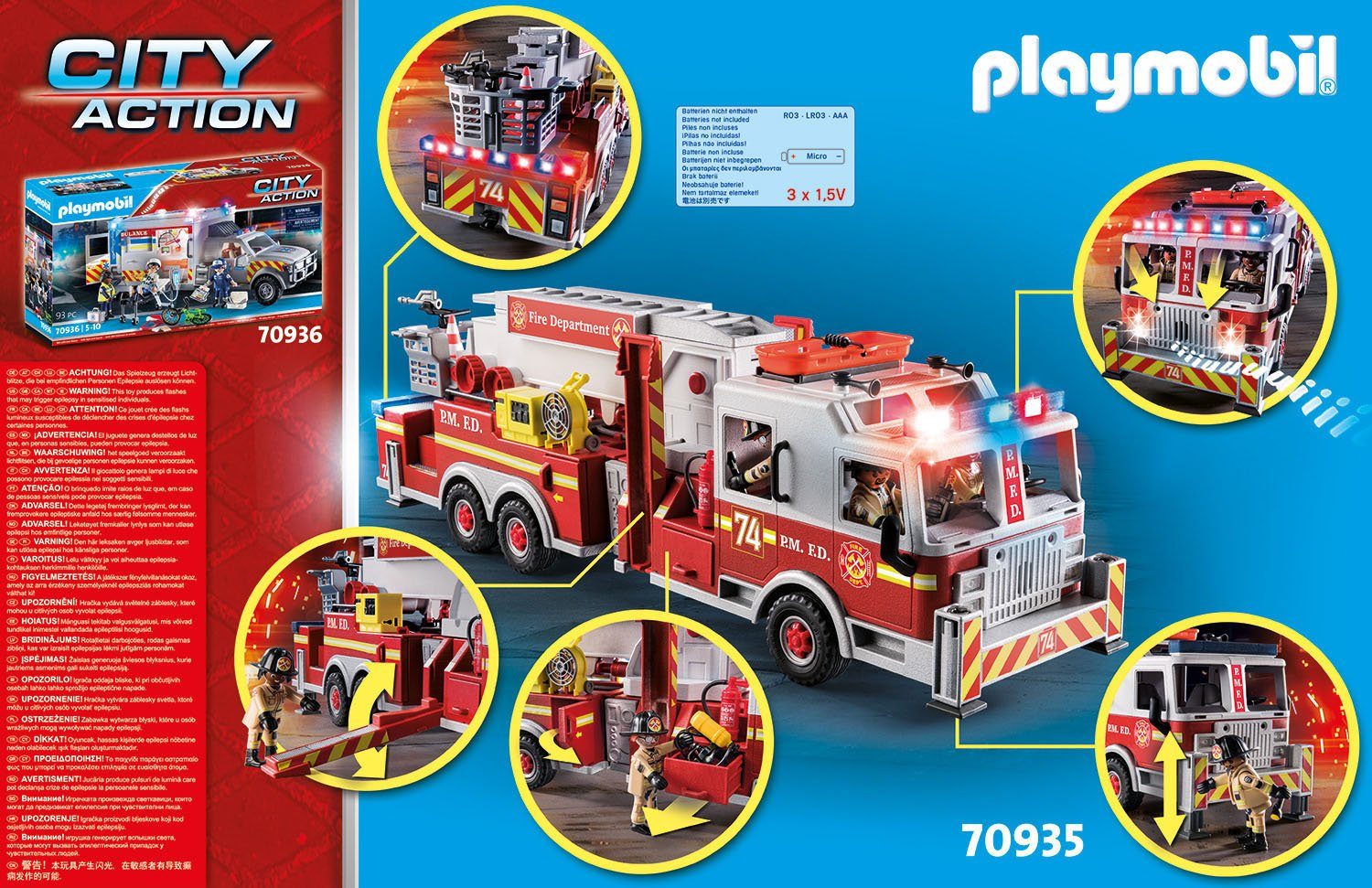 Feuerwehr-Fahrzeug: Playmobil® Soundeffekten, (70935), (113 Ladder Germany und St), Licht- City Konstruktions-Spielset US in Action, mit Made Tower