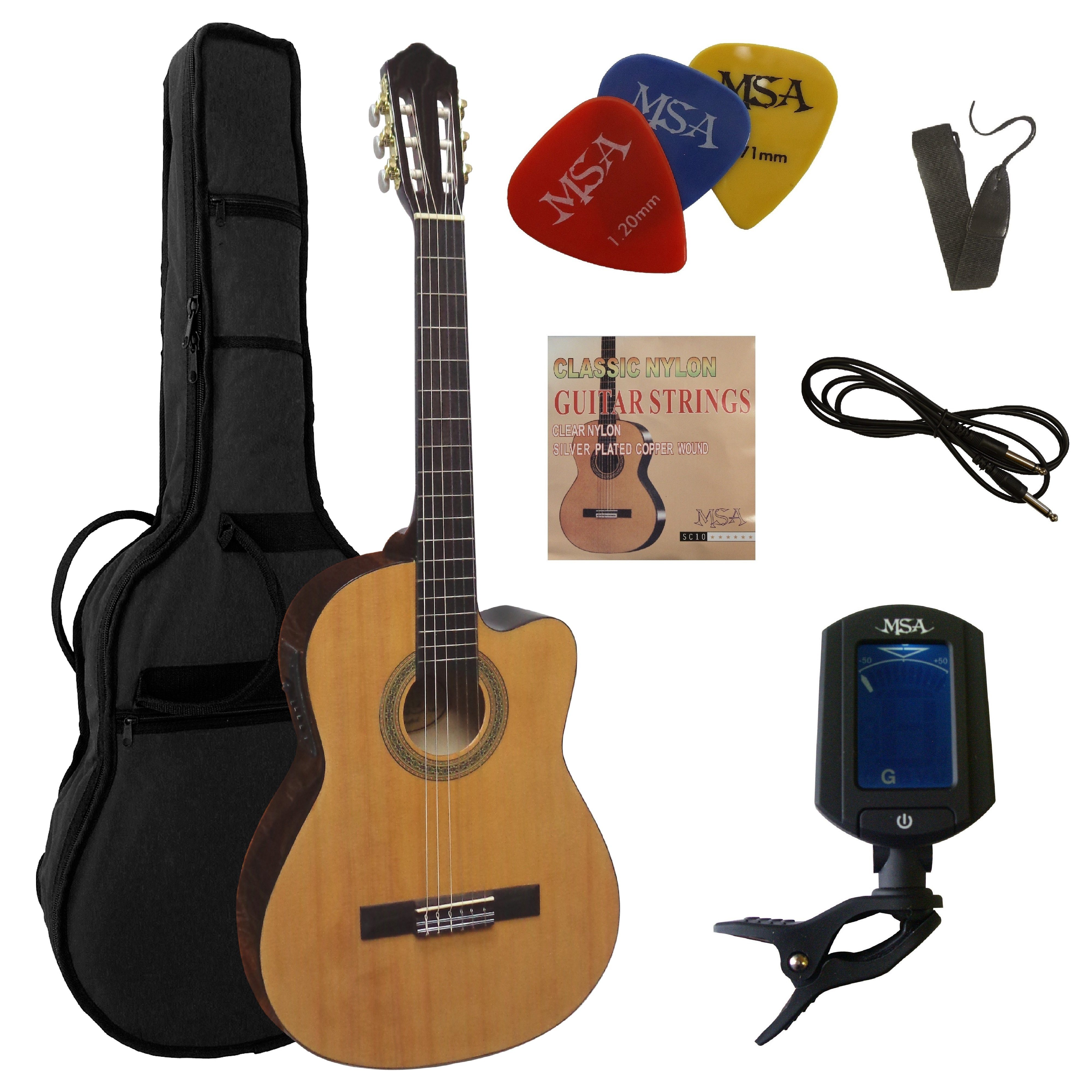 MSA Akustikgitarre Konzertgitarre mit EQ und Cutaway, Gitarre im Set mit Tasche, Band, Pleks, Stimmmgerät und Kabel