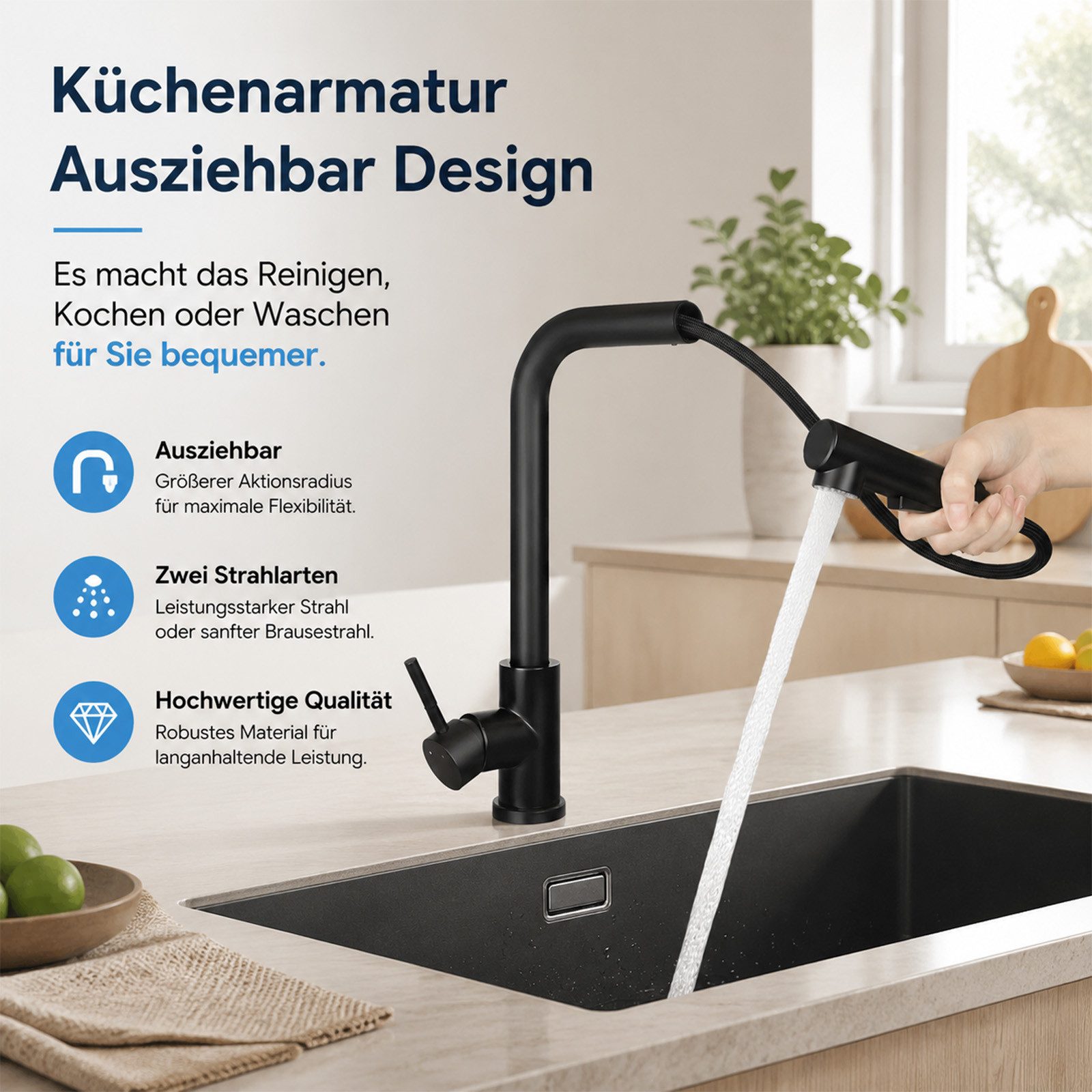 Ledklang Spültischarmatur Edelstahl 360° drehbar Ausziehbarer Brause 2 Strahlarten Küchenarmatur (1-St) für Einhebelmischer Mischbatterie Wasserhahn Küche – Bild 4 von 5