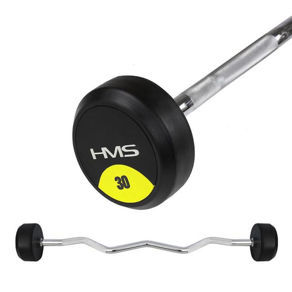 HMS Curlstange Langhantel Curlhantel 30 kg, Chromstahl, 121 cm (Spar-Set, 1-tlg., Gummihantelscheiben), Die gebogene Curlform entlastet Handgelenke