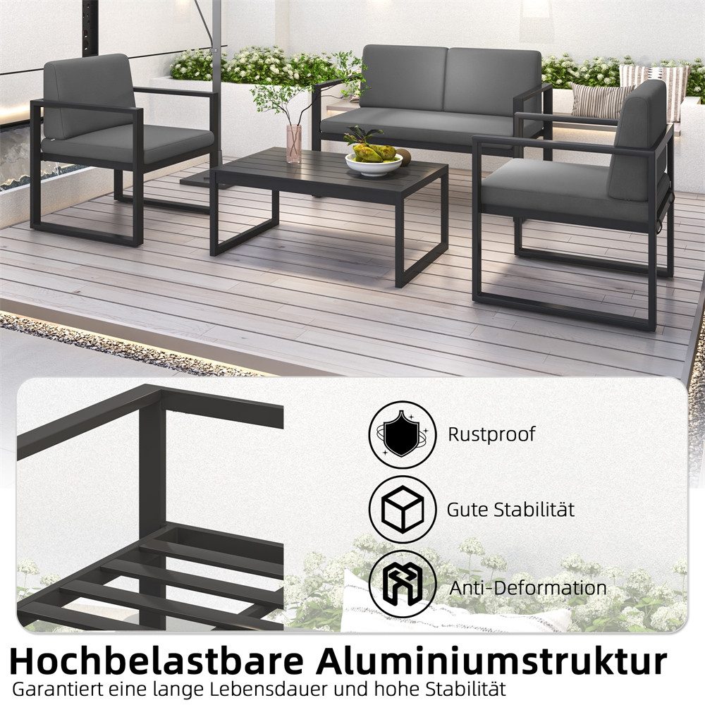 Melko Sitzgruppe Sitzgarnitur Aluminium Gartenset wetterfest Essgruppe Grau Lounge, (Set, 4-tlg., Möbelset bestehend aus 2er Sitzer Sofa, 2 Sessel und Beistelltisch), wasserabweisende Kissen mit Bändern zum Befestigen am Sessel