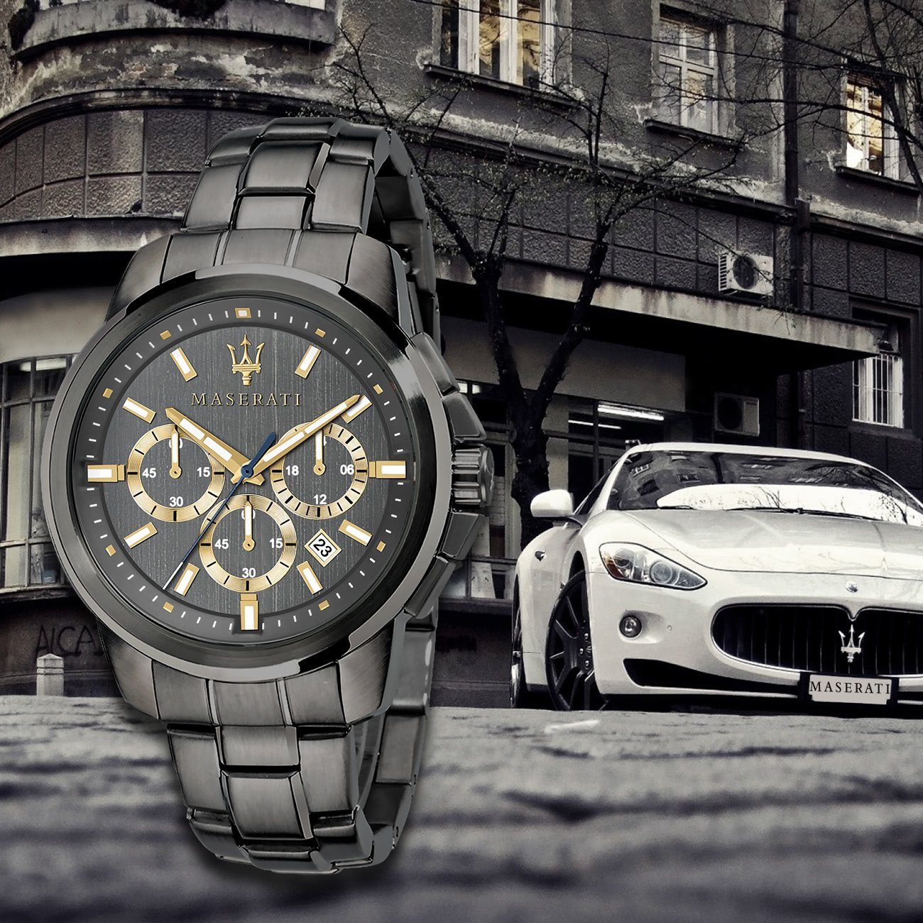 MASERATI Chronograph Maserati Herren rund, groß Chronograph, Uhr Italy (ca. Edelstahlarmband, Herrenuhr Made-In 52x44mm) grau