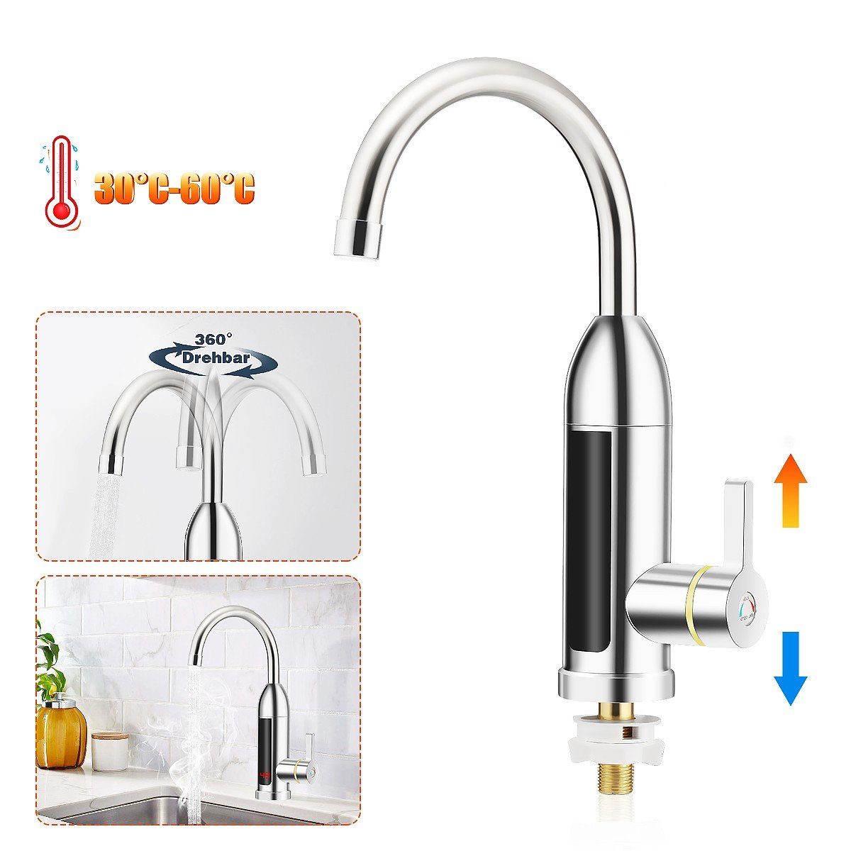 WILGOON Klein-Durchlauferhitzer Elektrisch Temperaturanzeige einstellbar schwenkbar Wasserhähnen, Temperaturanzeige 30-60 ℃, IPX4 Küchenarmatur