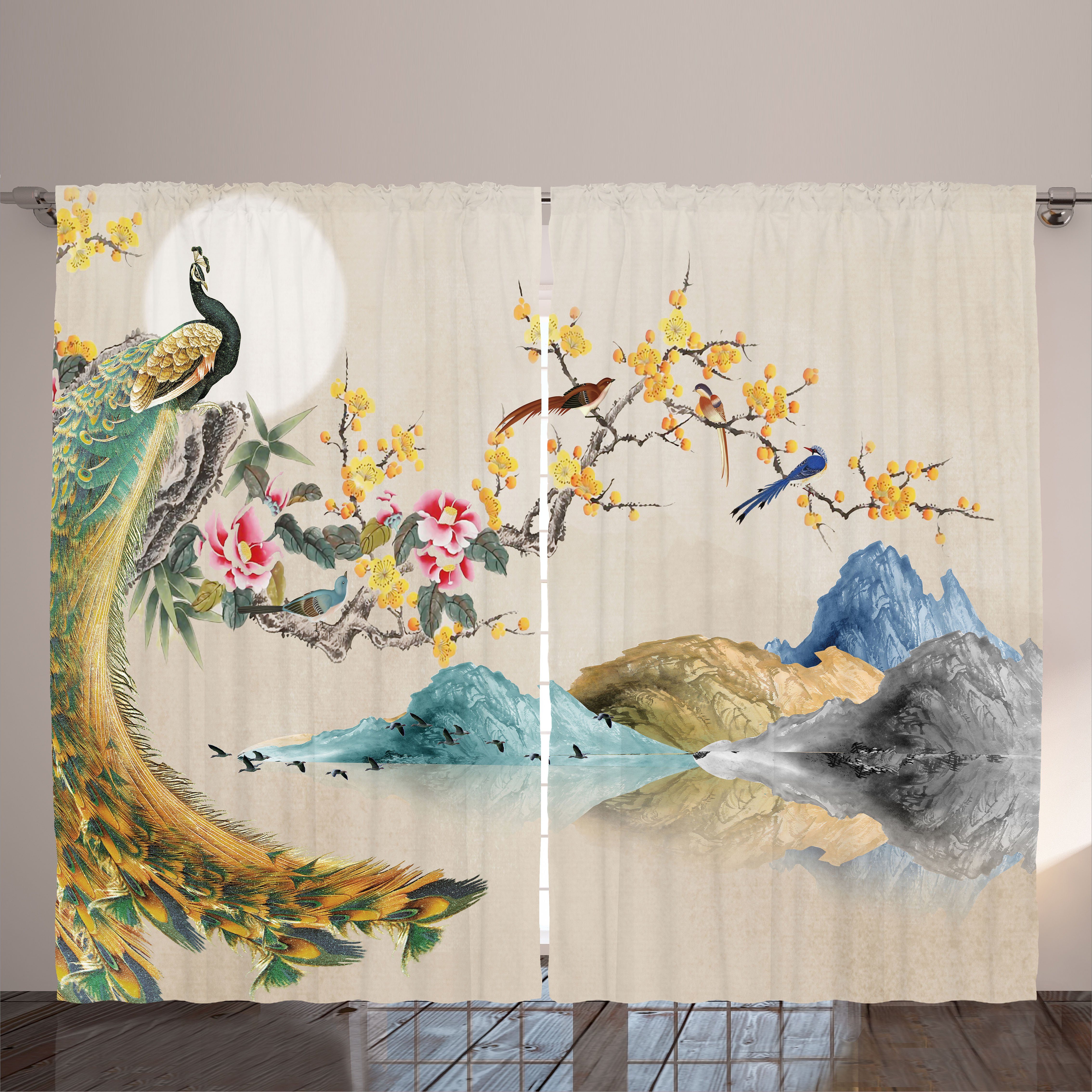 Gardine Schlafzimmer Kräuselband Vorhang mit Schlaufen und Haken, Abakuhaus, Asiatisch Japanischer Frühling Pfau Vogel | Fertiggardinen