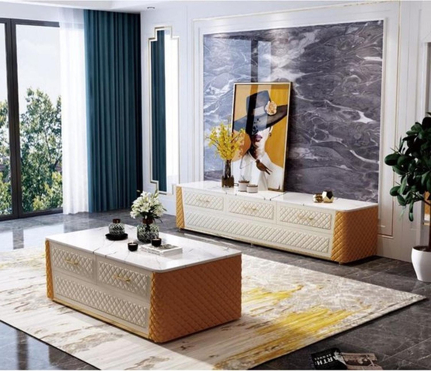 Xlmoebel Lowboard Elegantes Wohnzimmermöbel-Set in Marmoroptik mit Stauraum (2 St., Sideboard + Couchtisch), Hergestellt in Europa