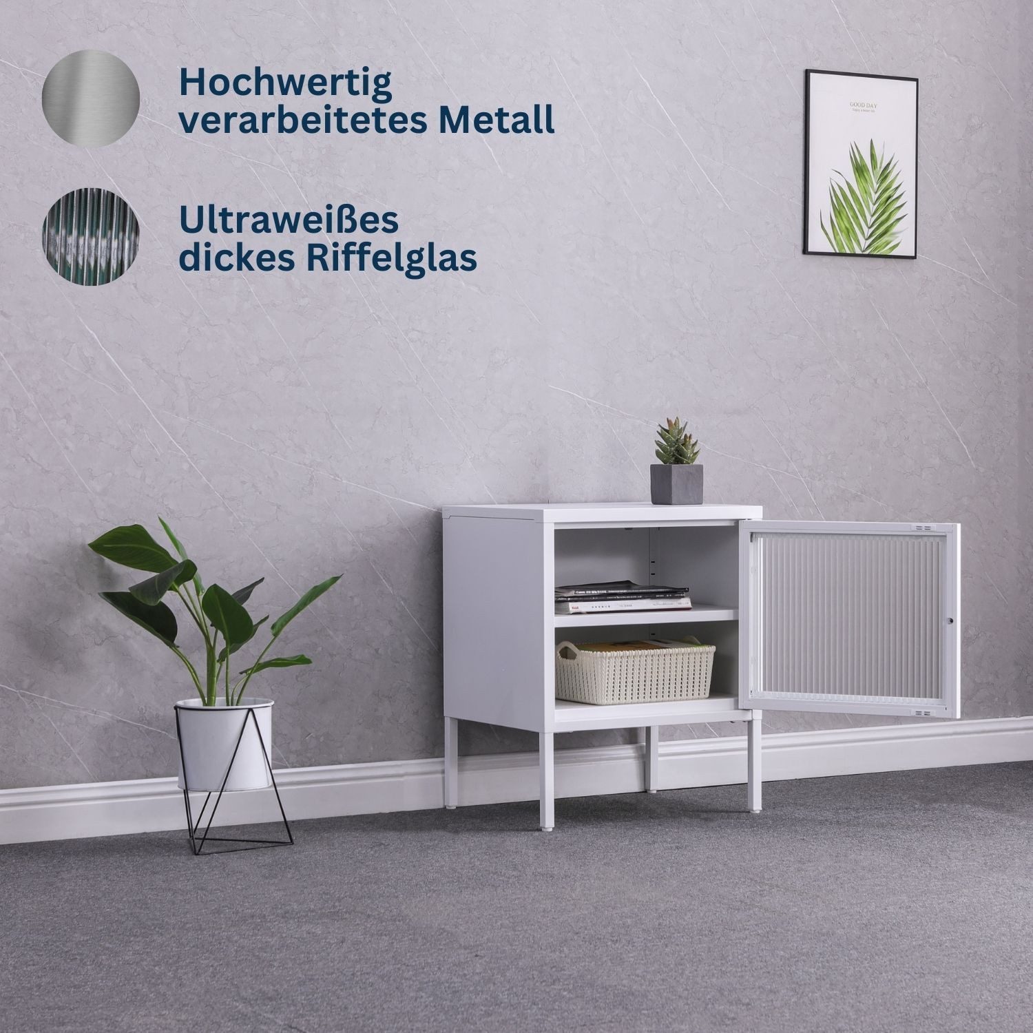 Coemo Sideboard TOKIO, Weiß Nachttisch aus Metall mit Glastüre / langlebige Stahl-Ausführung