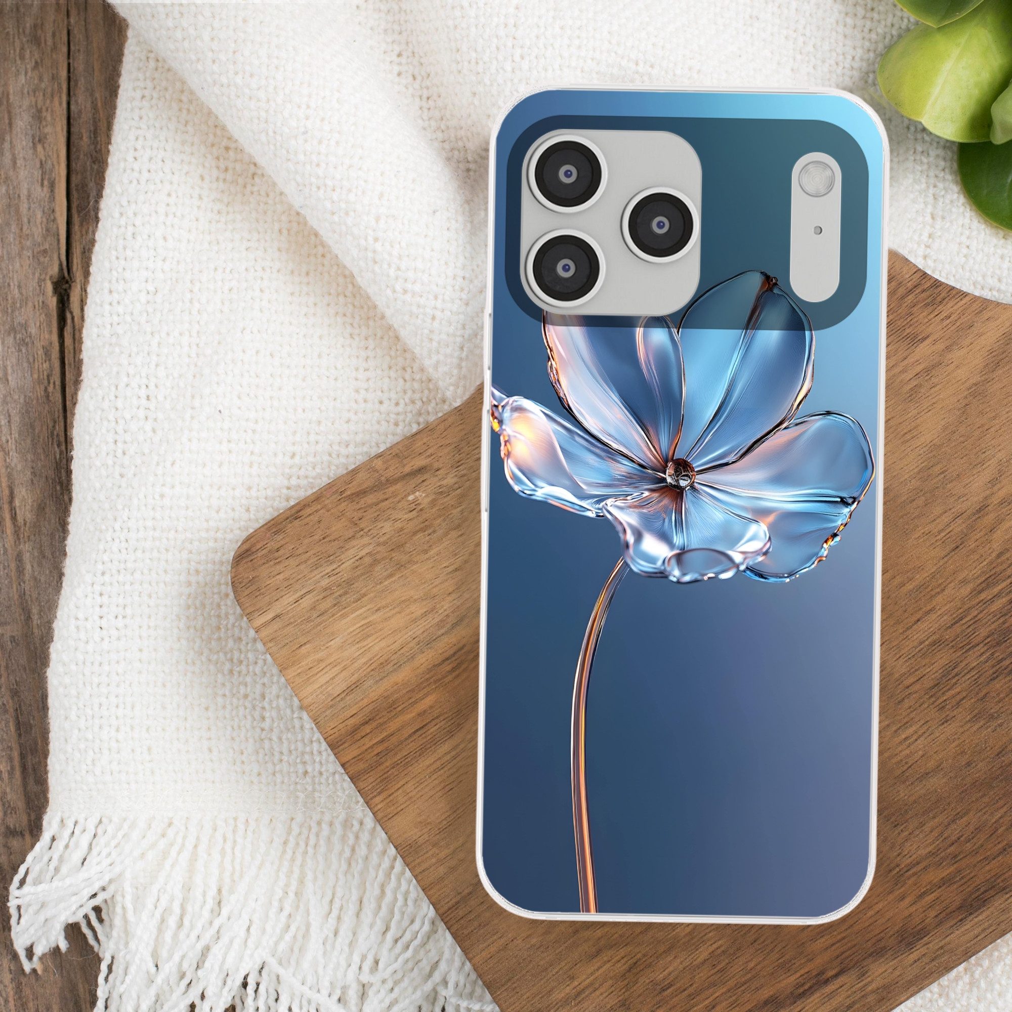 MuchoWow Handyhülle für Apple iPhone 17 Pro Max Blau - Blume - Gläser - Verziert, Smartphone-Bumper, Print, Handy Schutzhülle Dünn