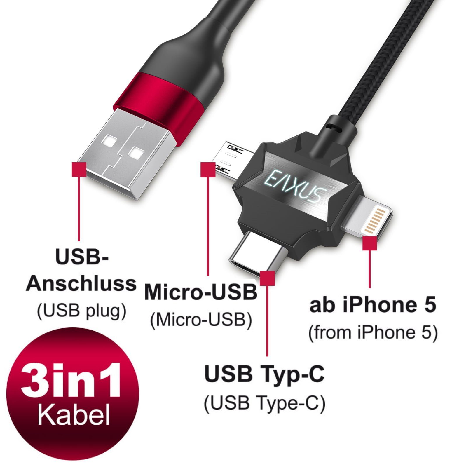 EAXUS Anti-Bruch 3in1 USB-Kabel Nylon mit LED-Statusleuchte USB-Kabel, USB  Typ C, microUSB, 8 Pin, (100 cm), Universal, für iPhone, iPad, Smartphones,  Tablets & Co.