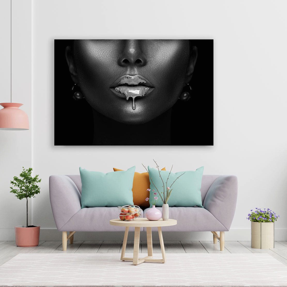 Artedinoi Leinwandbild Frau silberne Lippen Face Art Schwarz Weiß Leinwandbild XXL, Lippen in Silber
