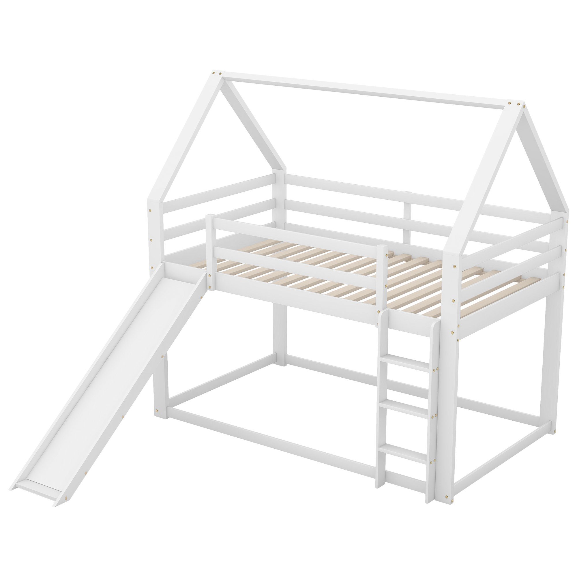 Etagenbett (inklusive Lattenrost, Rutsche, Leiter und Fallschutz), Hausbett Kinderbett mit 2 Schlafgelegenheiten, 90x200cm, Kiefer