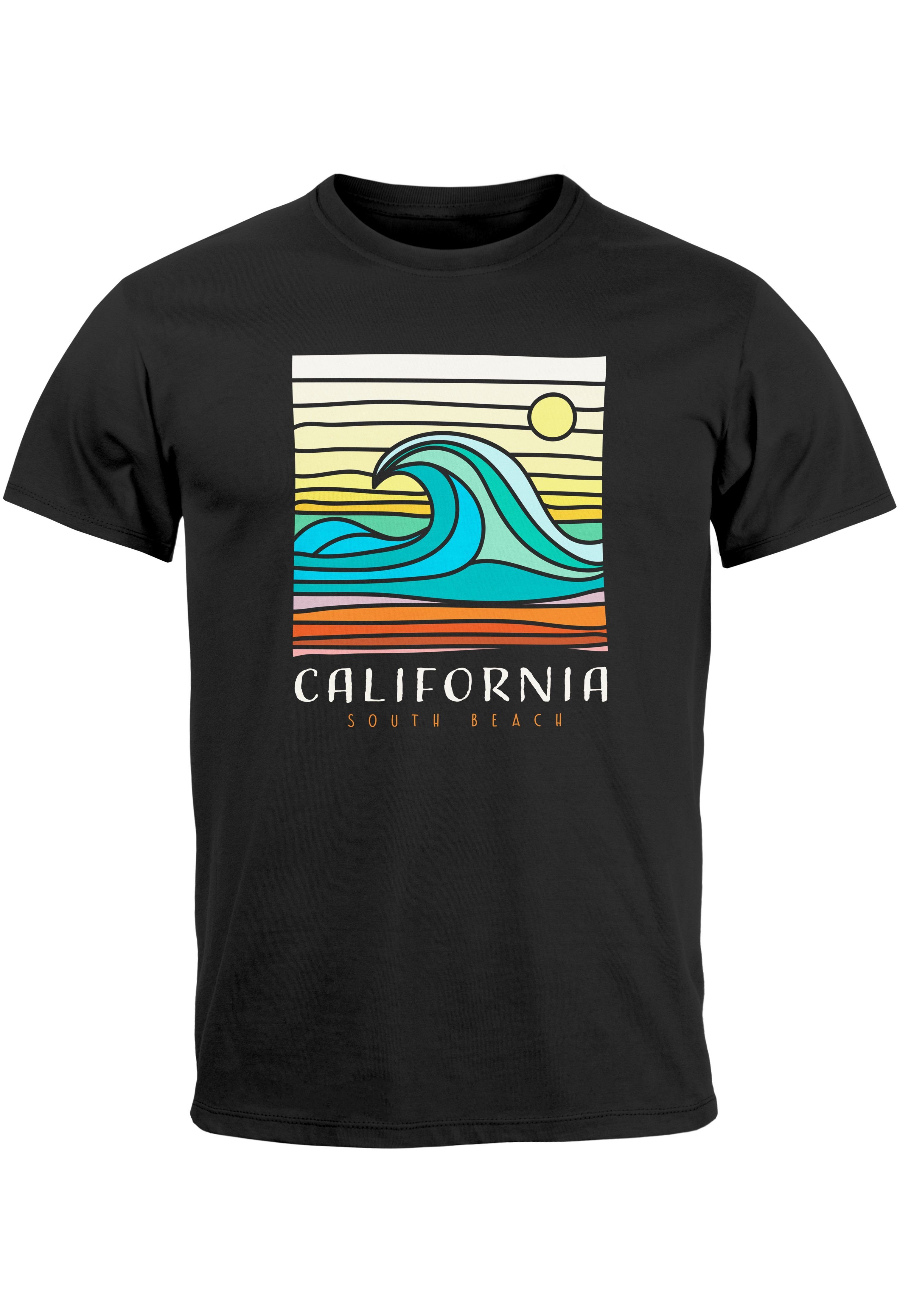 Neverless Print-Shirt Herren T-Shirt California South Beach Welle Wave Surfing Print Aufdruc mit Print schwarz