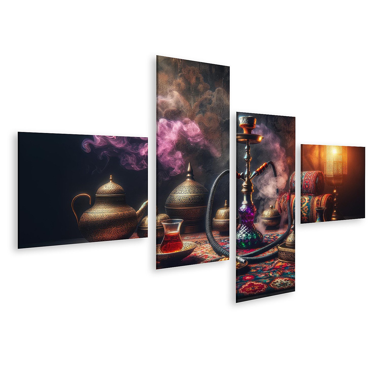 Leinwandbild Orientalische Lounge mit rauchender Shisha und traditionellem Teeset