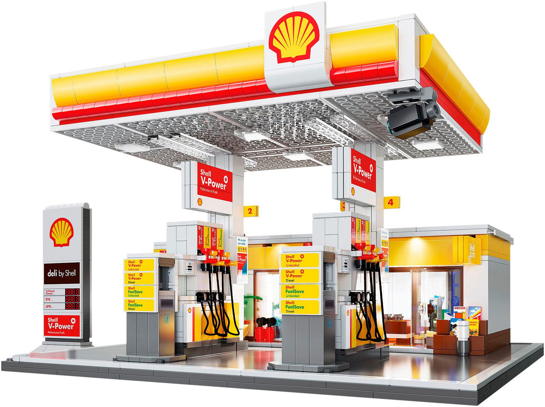 Jamara CaDA, Bricks, Shell Tankstelle mit Shop und Waschanlage (402857) Konstruktions-Spielset, (1309 St), mit LED Licht