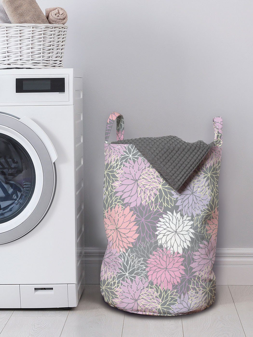Abakuhaus Wäschesäckchen Wäschekorb mit für Blossom und Griffen Rosa Kordelzugverschluss Waschsalons, Botanischer Grau