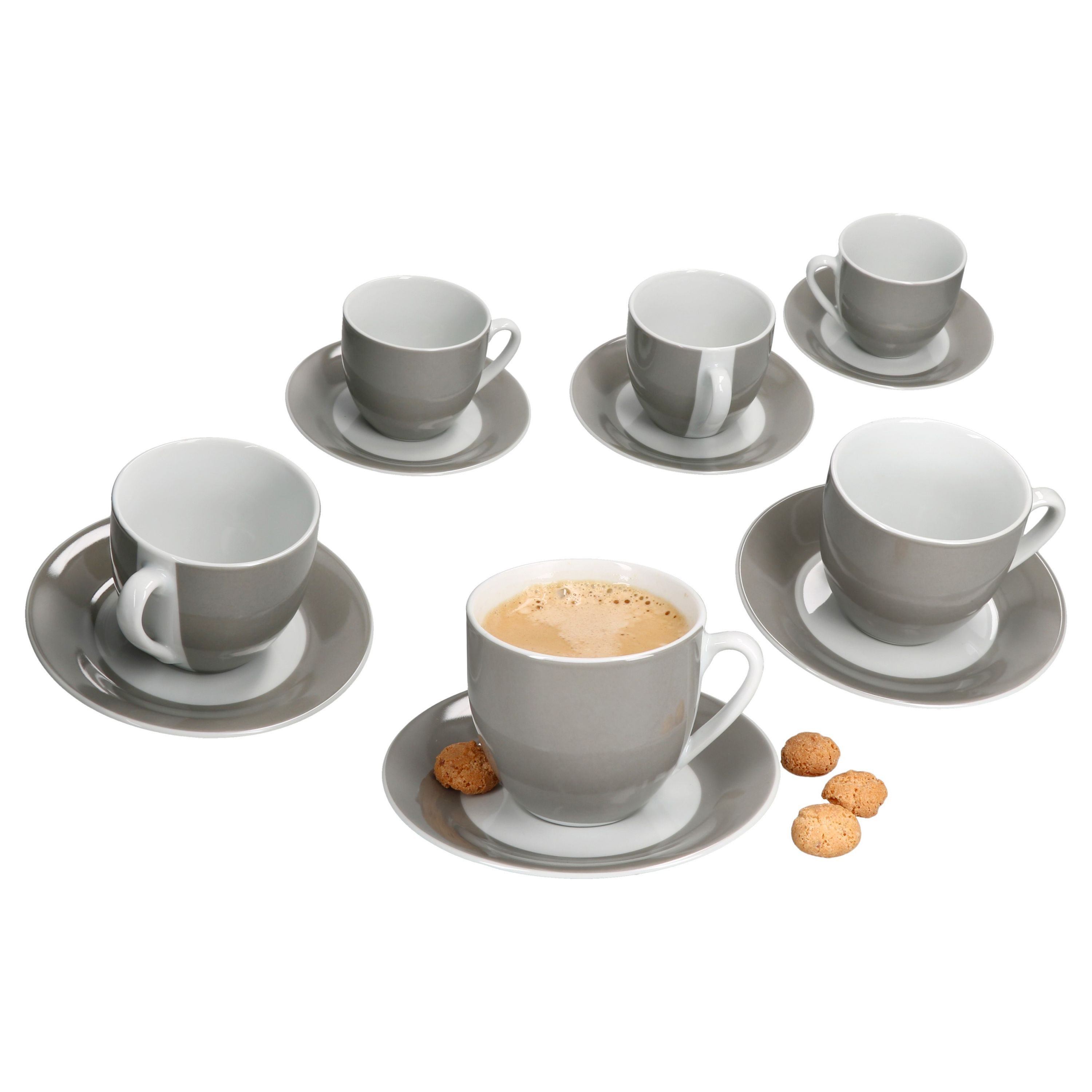 MamboCat Tasse 6er Set Variant Grau Kaffeetassen mit Untertassen für 6 Personen, Porzellan