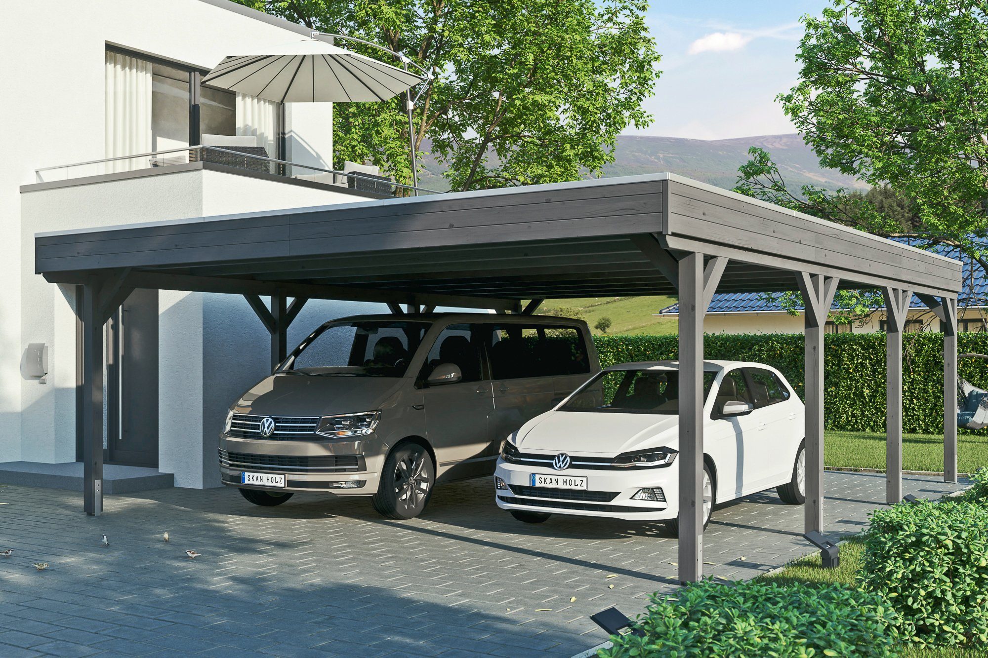 Doppelcarport mit 622x796 Skanholz Grunewald, cm, Flachdach-Carport, in behandelt 590 farblich EPDM-Dach, Einfahrtshöhe, schiefergrau BxT: cm