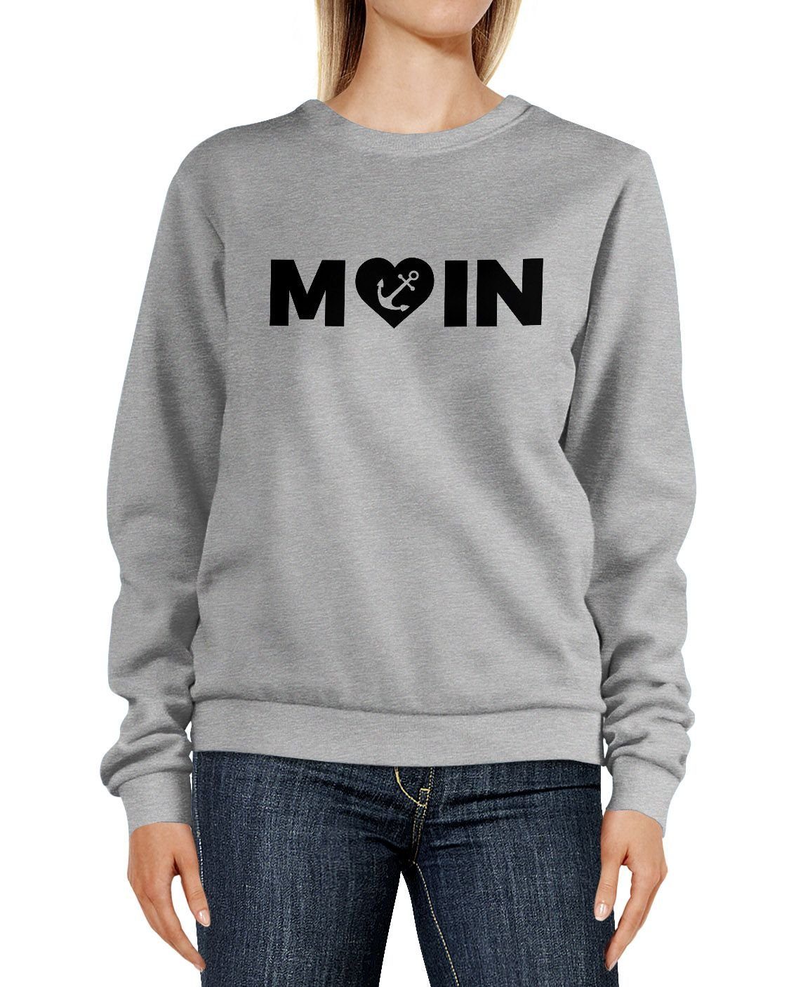 MoonWorks Sweatshirt Sweatshirt Damen Aufdruck Moin Herz mit Anker Rundhals-Pullover Pulli Sweater Moonworks® grau