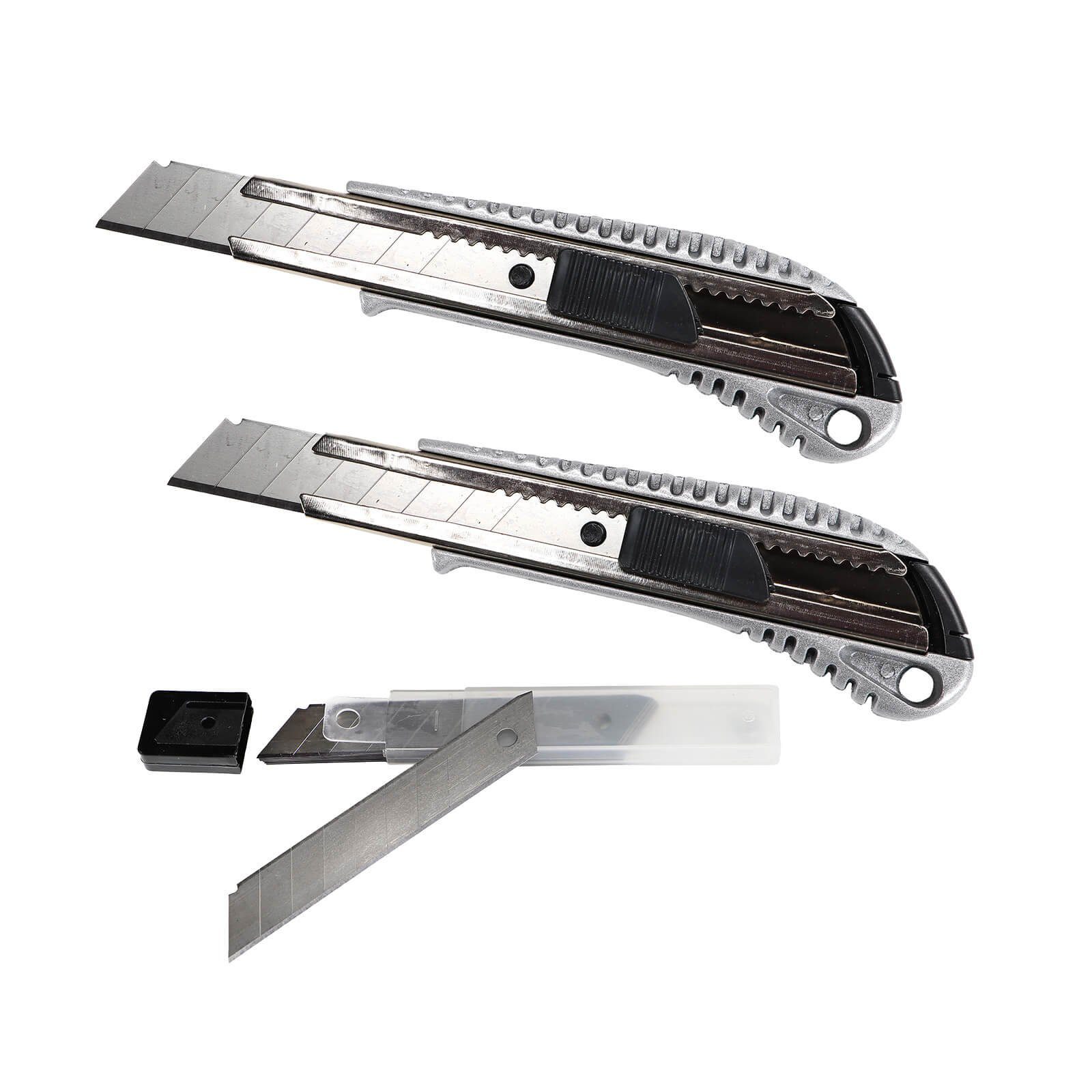 peveha24 Cuttermesser 2 Cuttermesser Alu 18mm + 10 Cutterklingen Abbrechklingen im Köcher