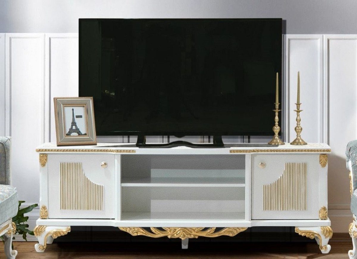 Casa Padrino TV-Schrank Luxus Barock TV Schrank Weiß / Gold - Handgefertigtes Massivholz Sideboard mit 2 Türen - Barock Wohnzimmer Möbel
