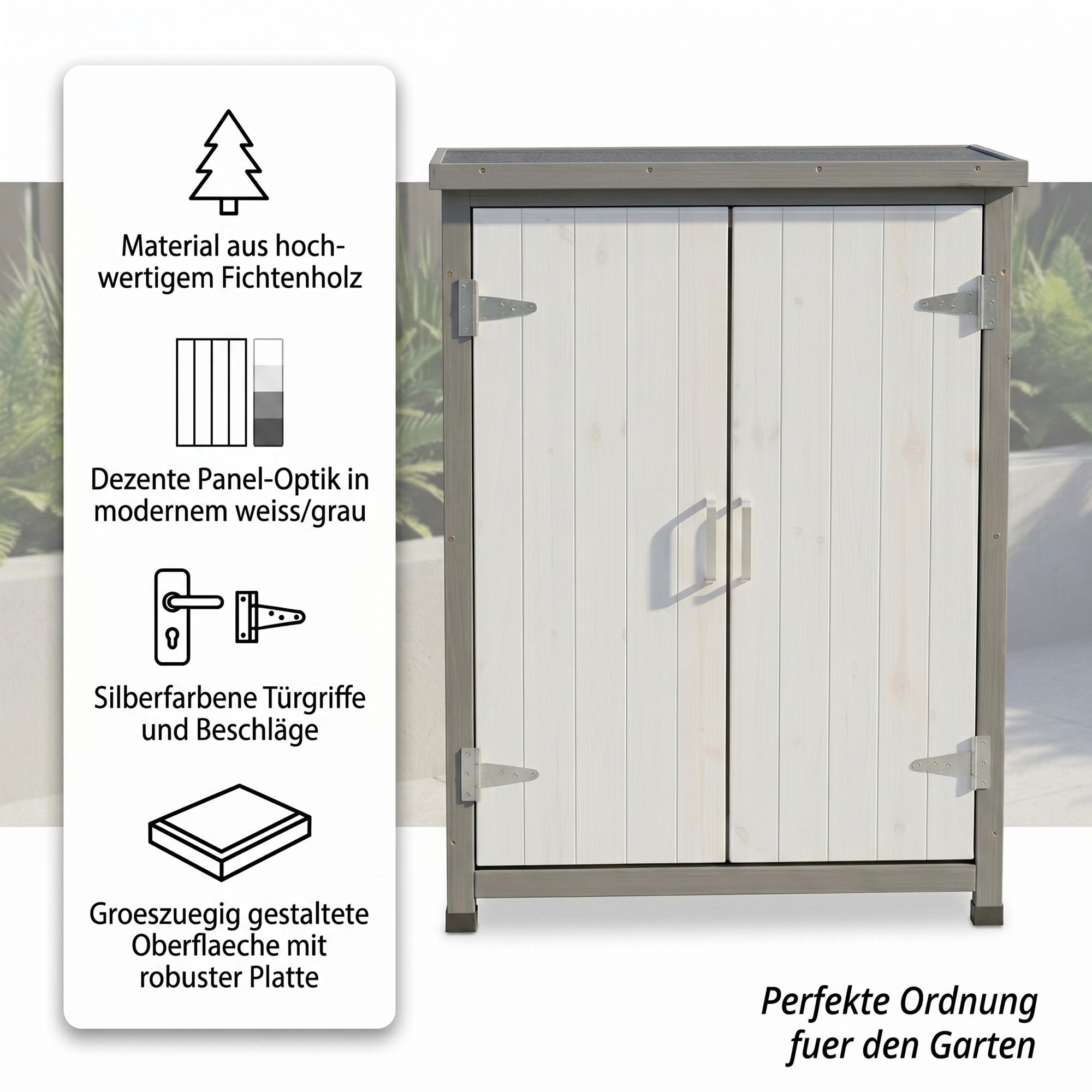 Mucola Garten-Geräteschrank Geräteschrank Gartenschuppen Gartenschrank Aufbewahrungsschrank, BxT: 75x40 cm, (Gerätehaus Gartenschrank Schrank), Dezente Panel-Optik in modernem weiß/grau
