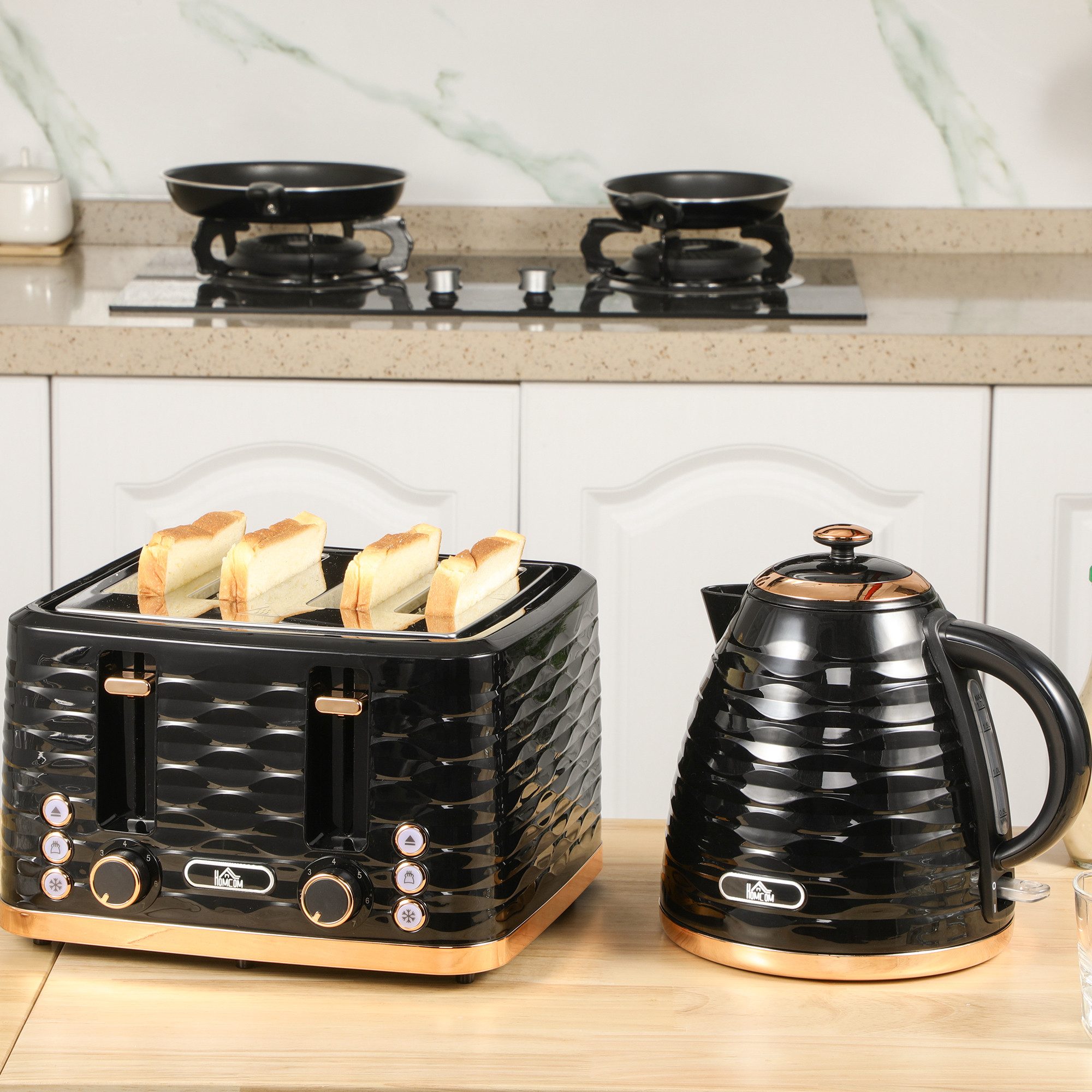 HOMCOM Toaster Wasserkocher Frühstück-Set: 1,7L, 4 Scheiben, 7 Bräunungsstufen, 4 Schlitze, für 4 Scheiben, 2200 W, Auftau-, Aufwärm- und Krümelschublade, Otter-Thermostat, Schwarz