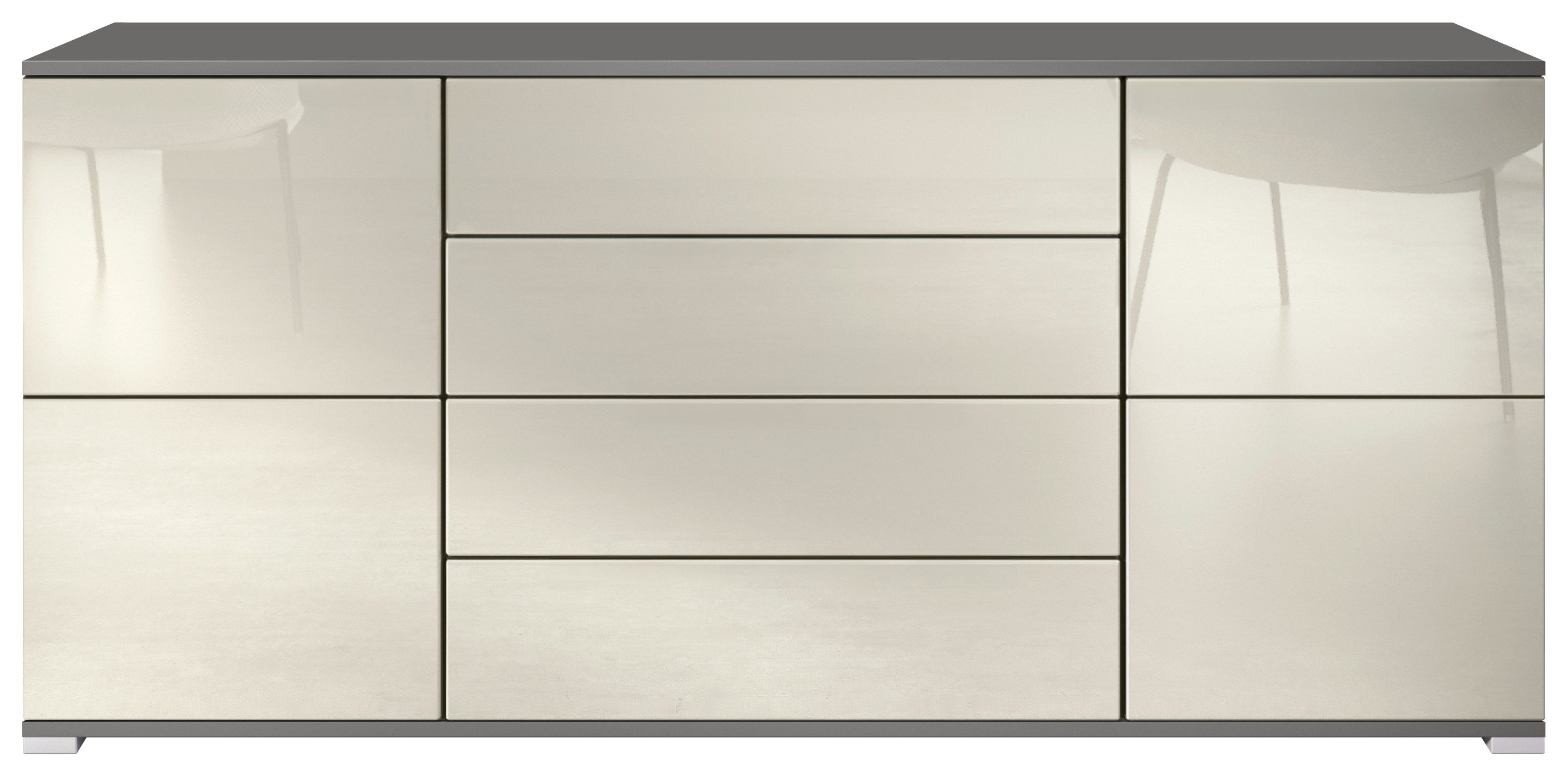 Vladon Sideboard Rova V2 (Kommode mit 4 Türen, 4 Schubladen, Made in Germany), Anthrazit matt/Creme Hochglanz (166,5 x 75,5 x 35)