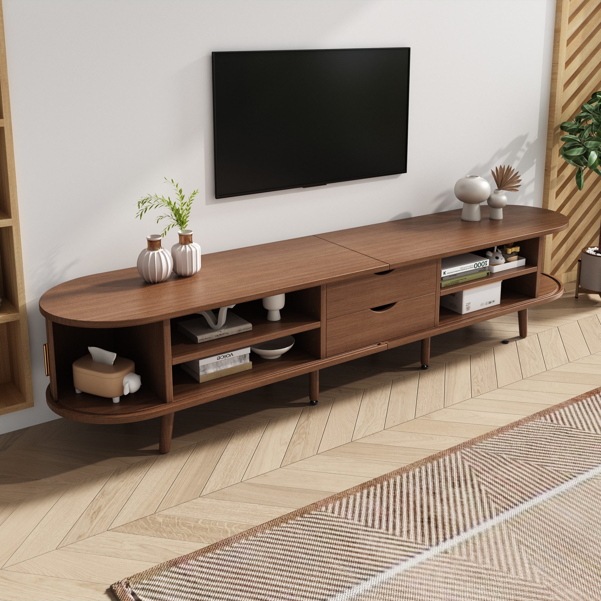 Merax Lowboard mit Massivholzfüßen, Ovaler Fernsehschrank in Walnuss (1 St., 175x40x42 cm), TV-Schrank mit 2 Schubladen, Schiebetüren & verstellbaren Trennwänden