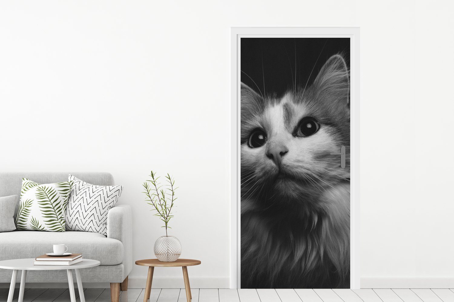 MuchoWow für Tierprofil und Matt, Türtapete bedruckt, schwarz Fototapete Türaufkleber, in St), weiß, Katze (1 Tür, 75x205 cm