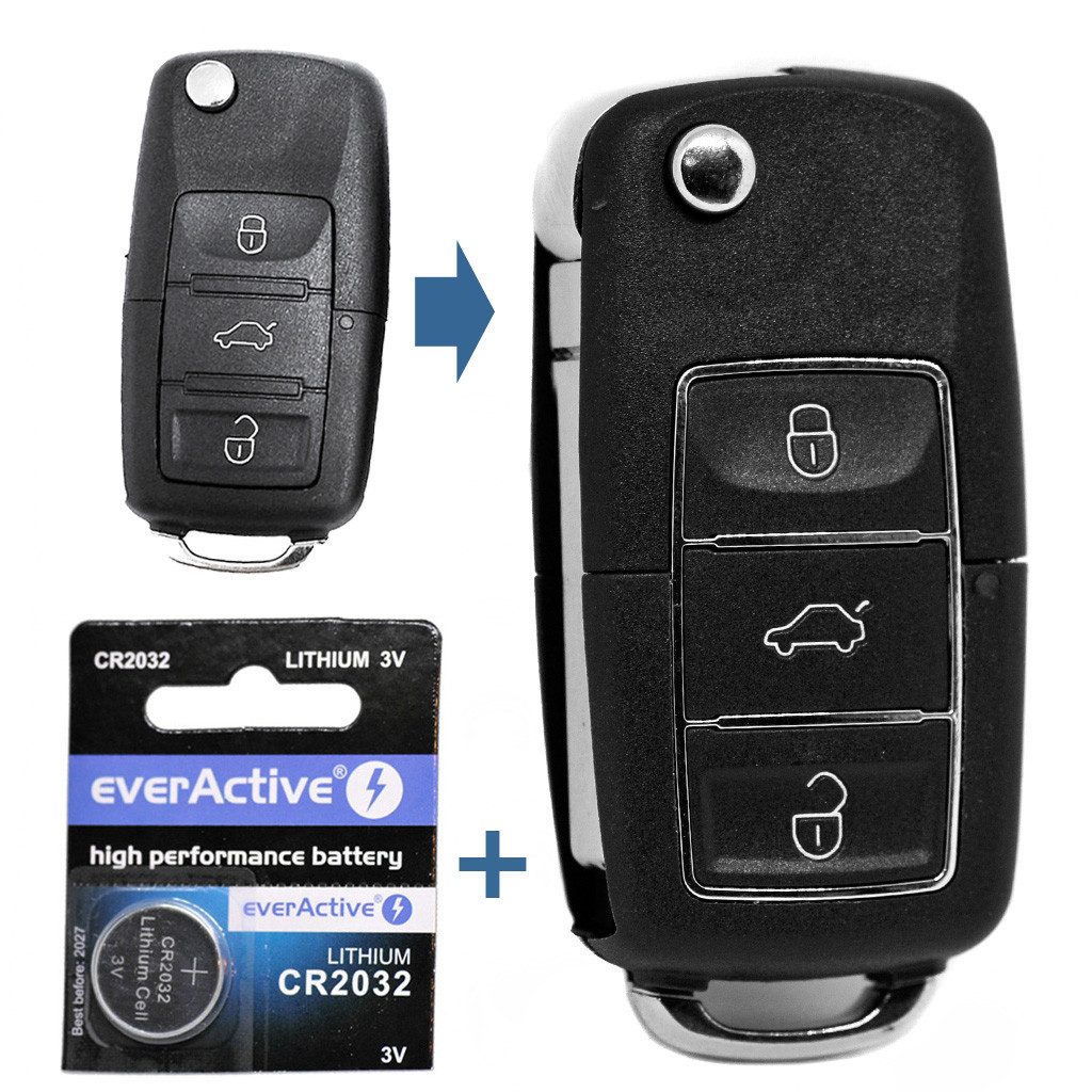 mt-key Auto Klapp Schlüssel 3 Tasten Schwarz + 1x Rohling HAA + 1x CR2032 Knopfzelle, CR2032 (3 V), für NEU VW SEAT SKODA SCHWARZ Funk Fernbedienung