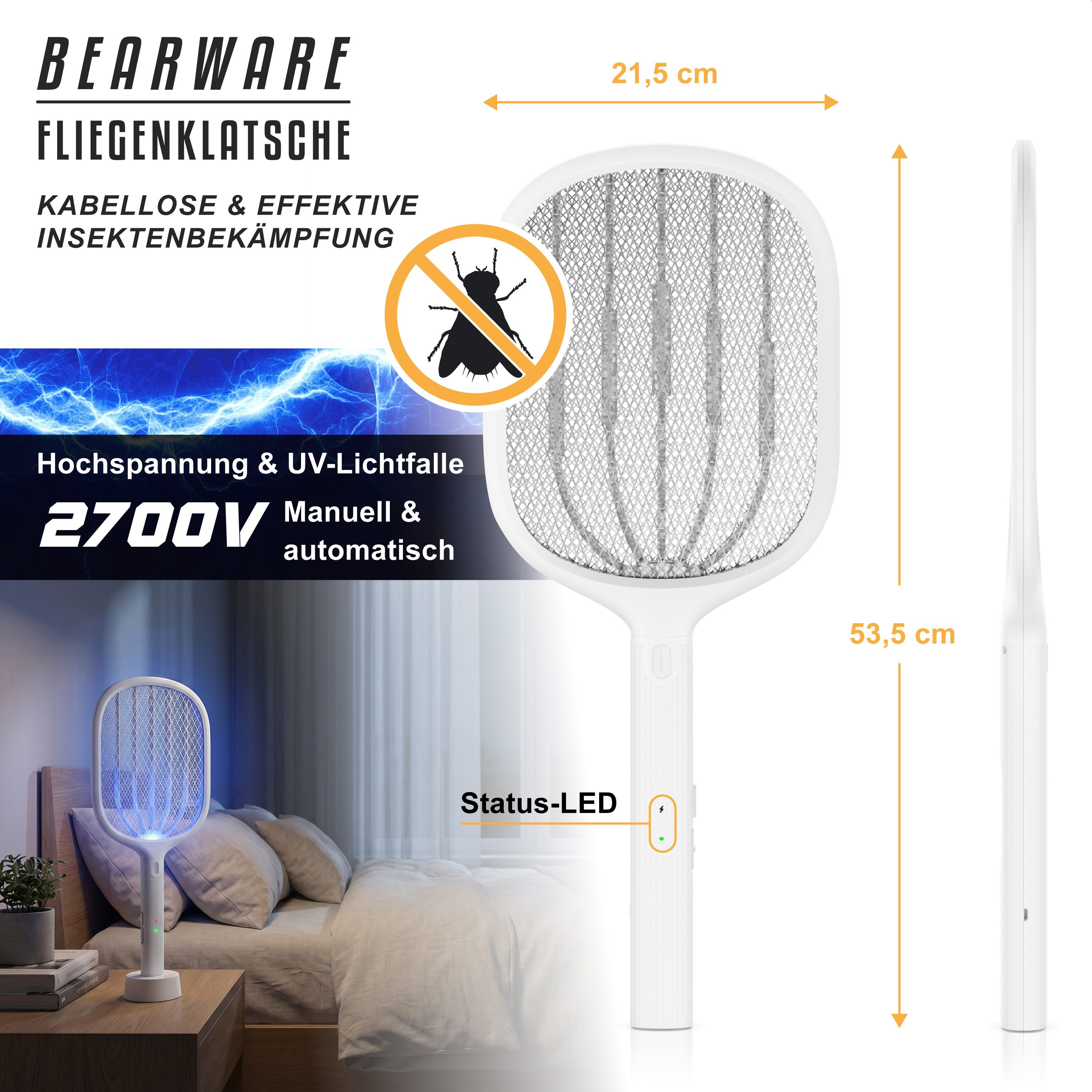 BEARWARE Fliegenklatsche elektrisch, Insektenklatsche mit UV-Falle, Insektenvernichter, USB-C, 2700 V Hochspannungsgitter und Status-LED, AUTO-Modus