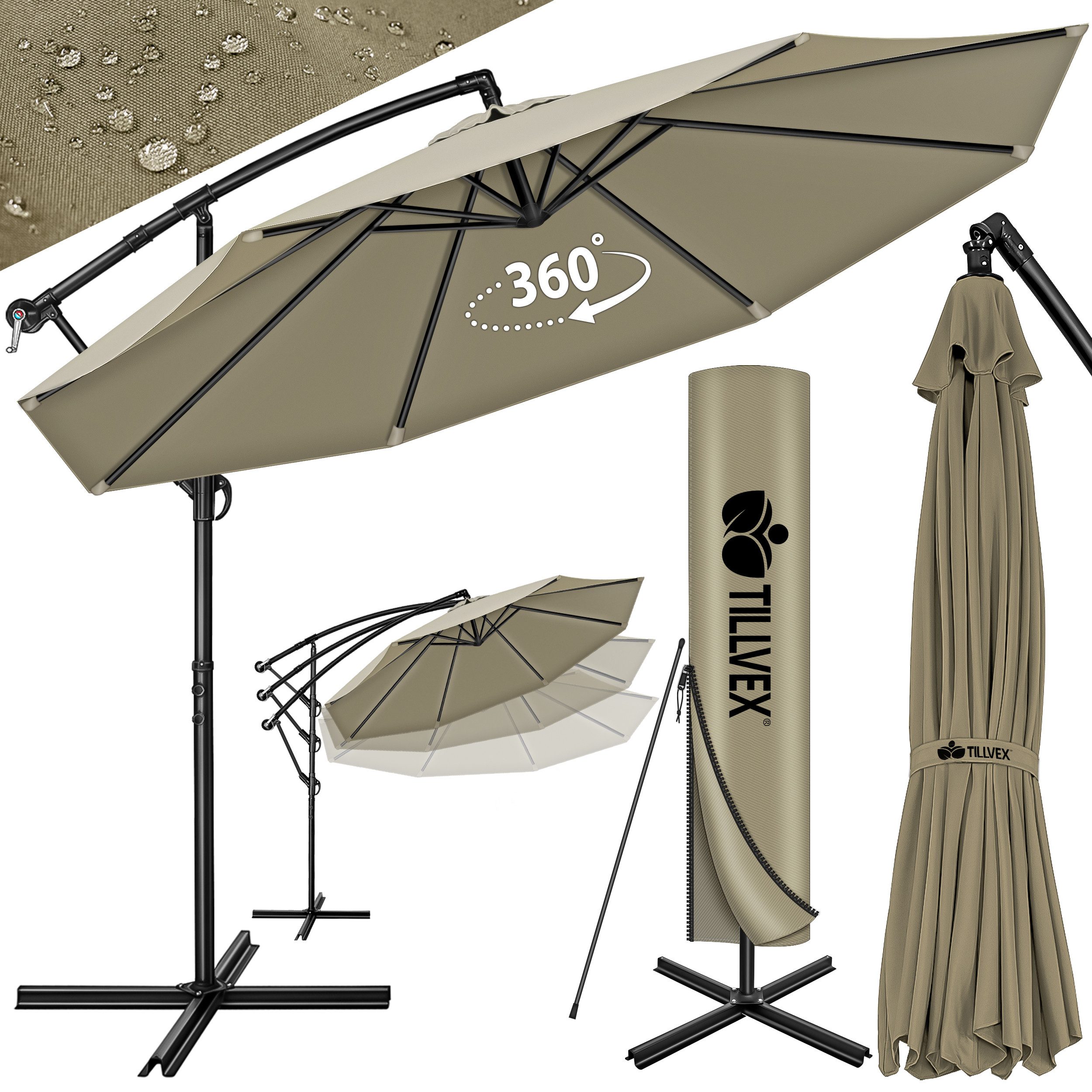 tillvex Sonnenschirm tillvex Sonnenschirm Ø 300 - 350 cm Ampelschirm Gartenschirm Marktschi, Alu Sonnenschirm + Abdeckung Ø 350 cm mit Kurbel, Gartenschirm UV-Schutz Aluminium, Kurbelschirm Marktschirm wasserdicht 360° drehbar