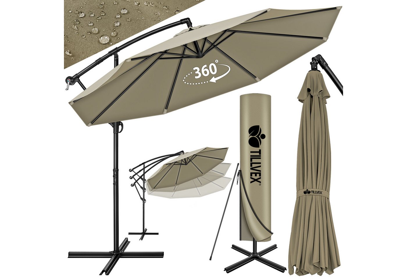 tillvex Sonnenschirm 300-350 cm Kurbel Ampelschirm mit Ständer, Abdeckung & Windsicherung, Gartenschirm UV-Schutz Aluminium