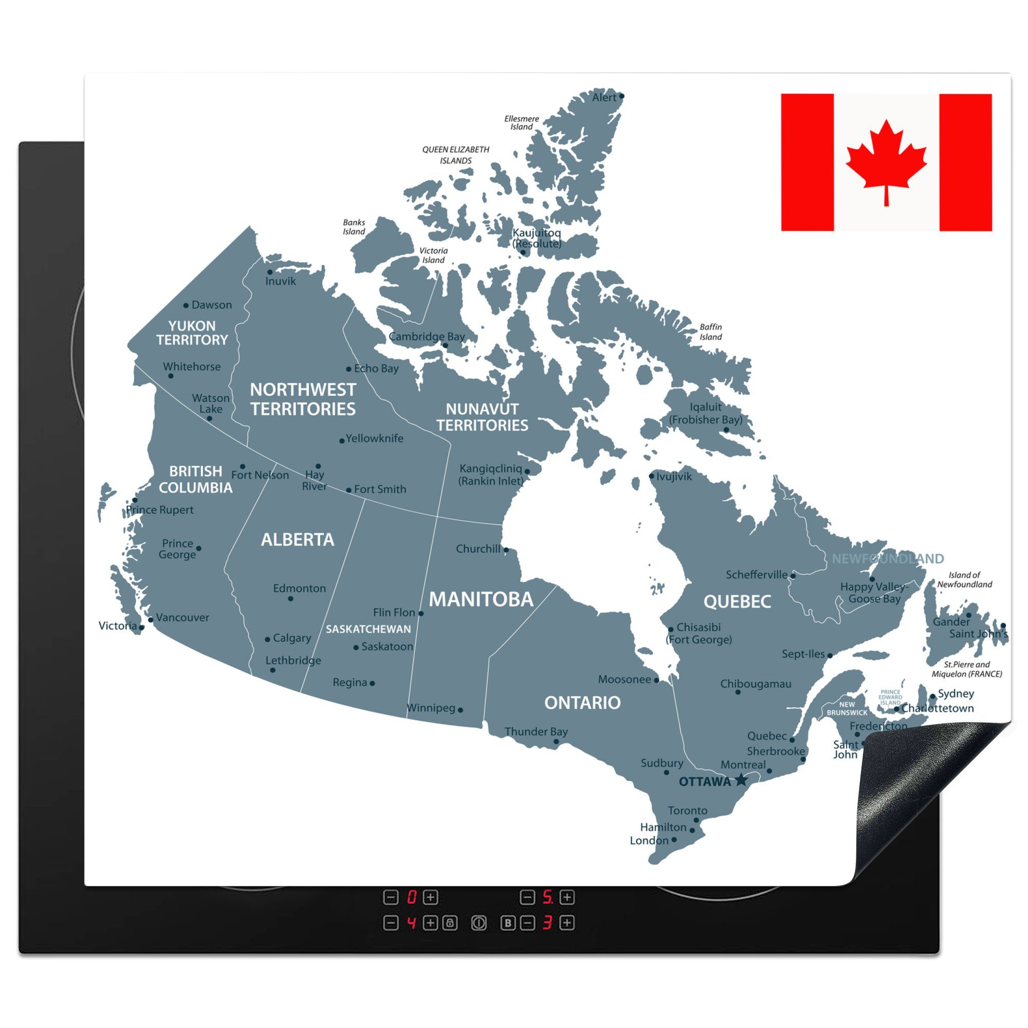 MuchoWow Herdblende-/Abdeckplatte Illustration von Kanada in Grau mit der Flagge, Vinyl, (1 tlg), 60x52 cm, Mobile Arbeitsfläche nutzbar, Ceranfeldabdeckung