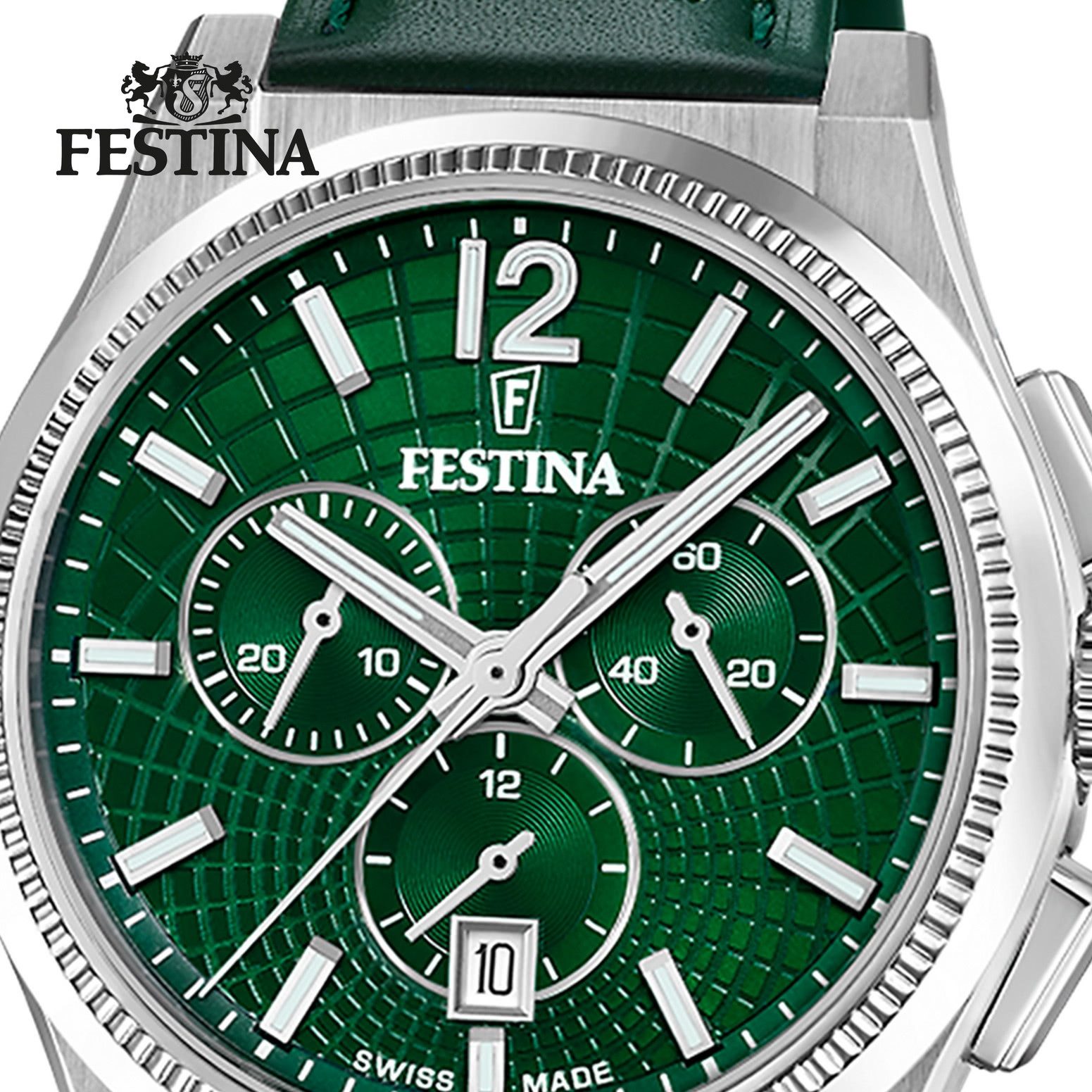 Festina Chronograph Festina Herrenuhr Swiss Made Armbanduhr, (Chronograph), Herren Armbanduhr rund, Lederarmband grün, Elegant