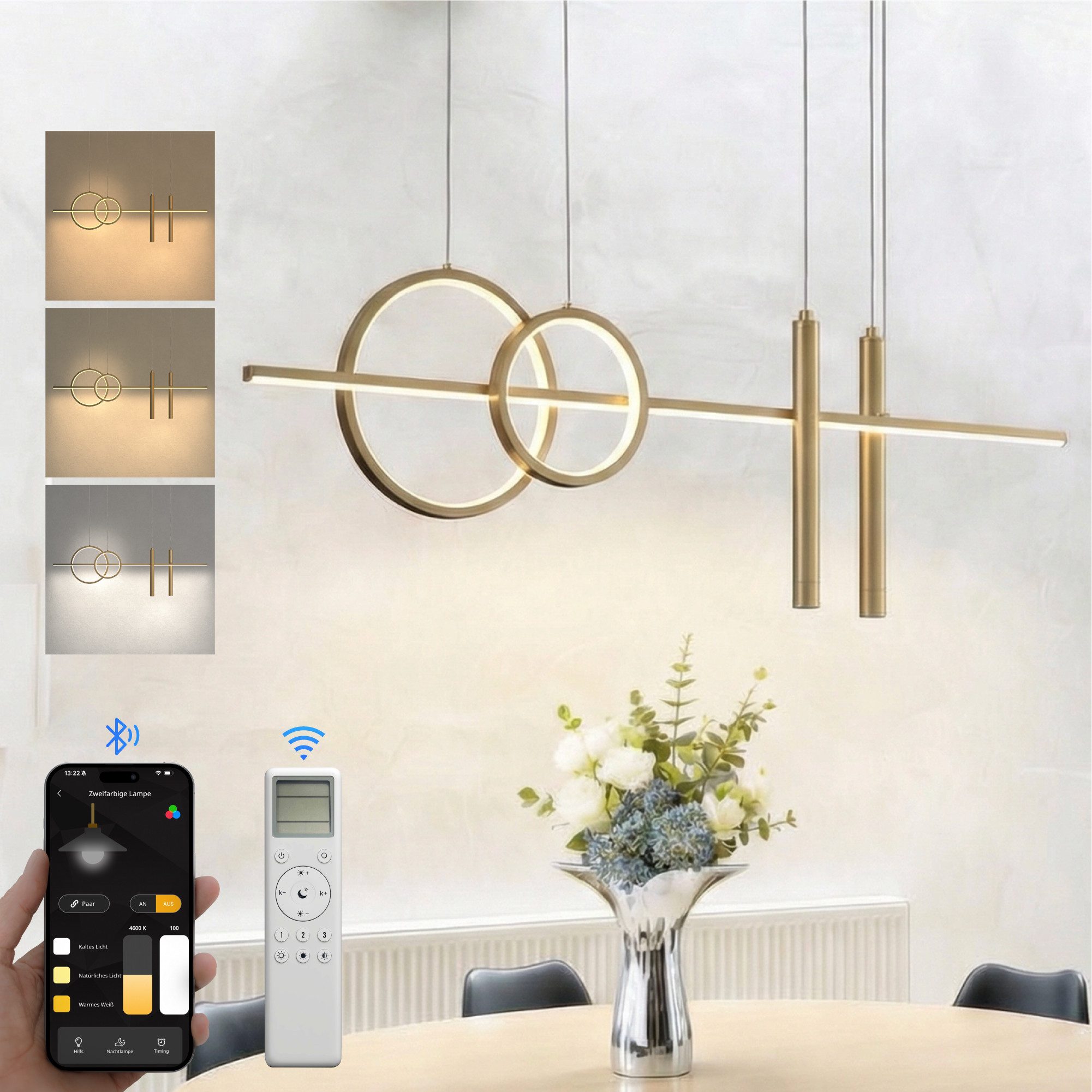 doporro LED Pendelleuchte Hängeleuchte LED Höhenverstellbar mit 3 Farbtemperaturen Luvina-09, CRI≥80, LED-Pendelleuchte