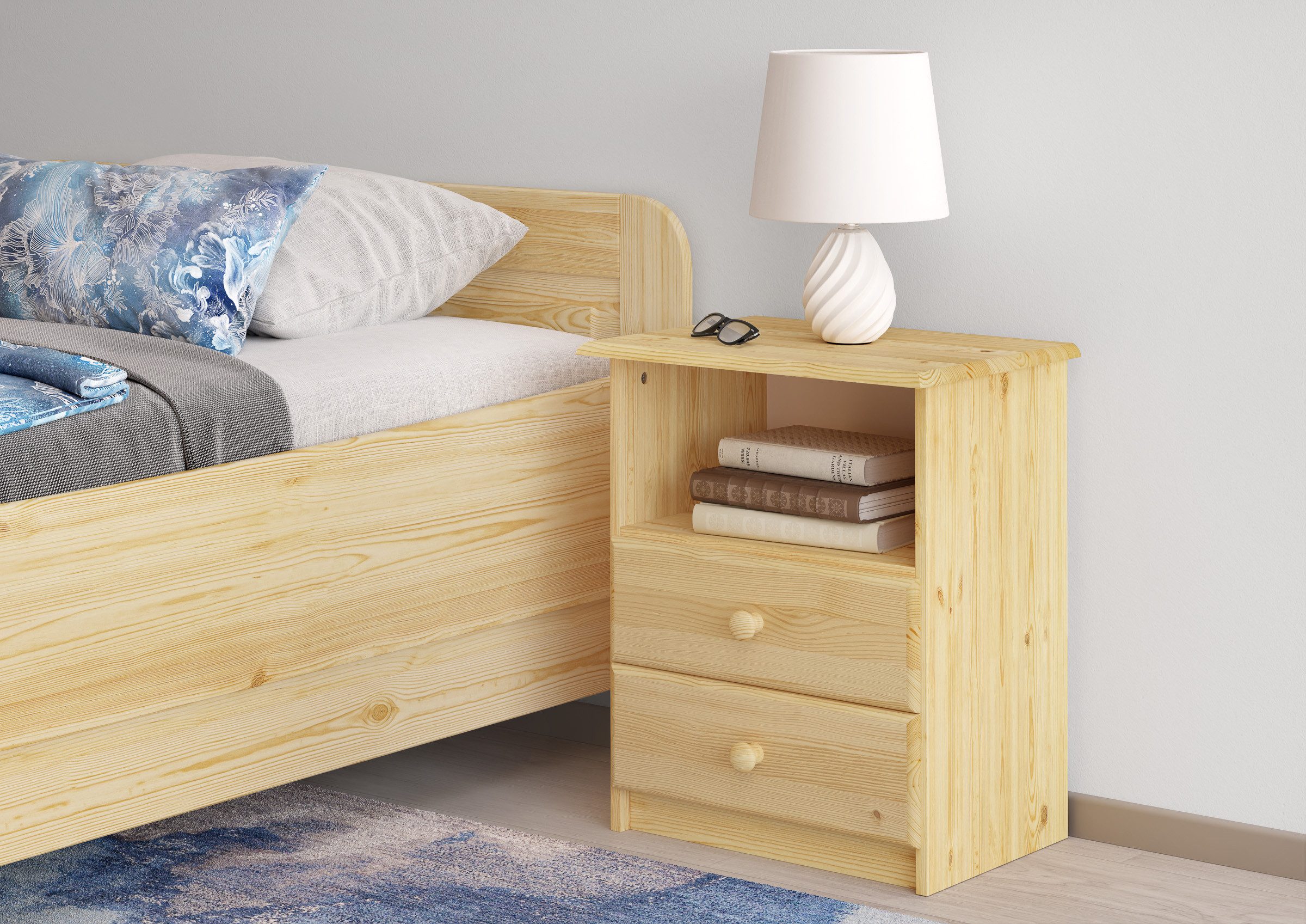 ERST-HOLZ Nachtkommode Nachttisch für Höhere Betten/Seniorenbetten, 90.20-K3 - Nachttisch Kiefer naturZwei Schubladen und ein Einlegeflach