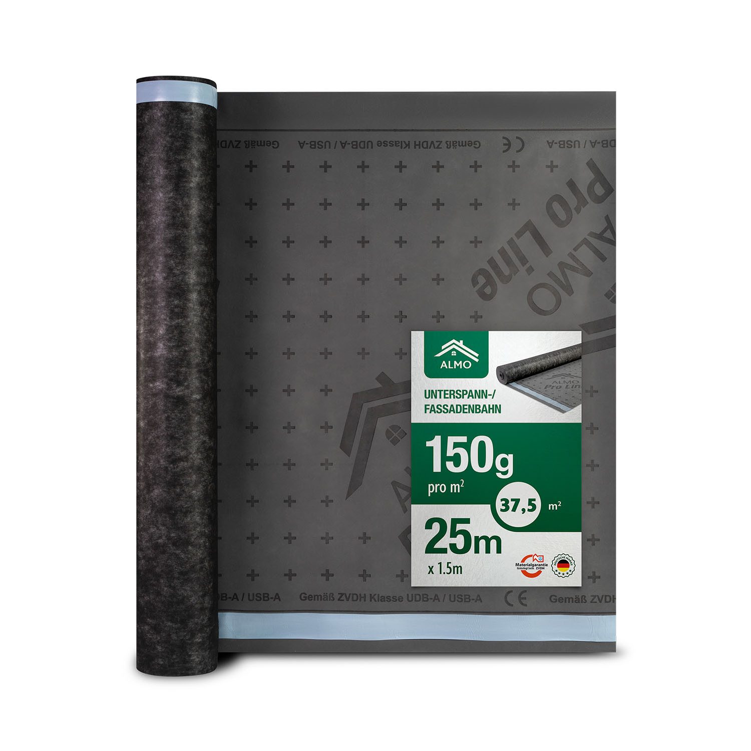 ALMO Dachbahn & Fassadenbahn ProLine 150, 1,5m x 25m, 37,5m², (Diffusionsoffene, UV-beständige, Wind- & regensicher Unterdeckbahn), auch als Fassadenbahn bei geschlossenen Fassaden geeignet