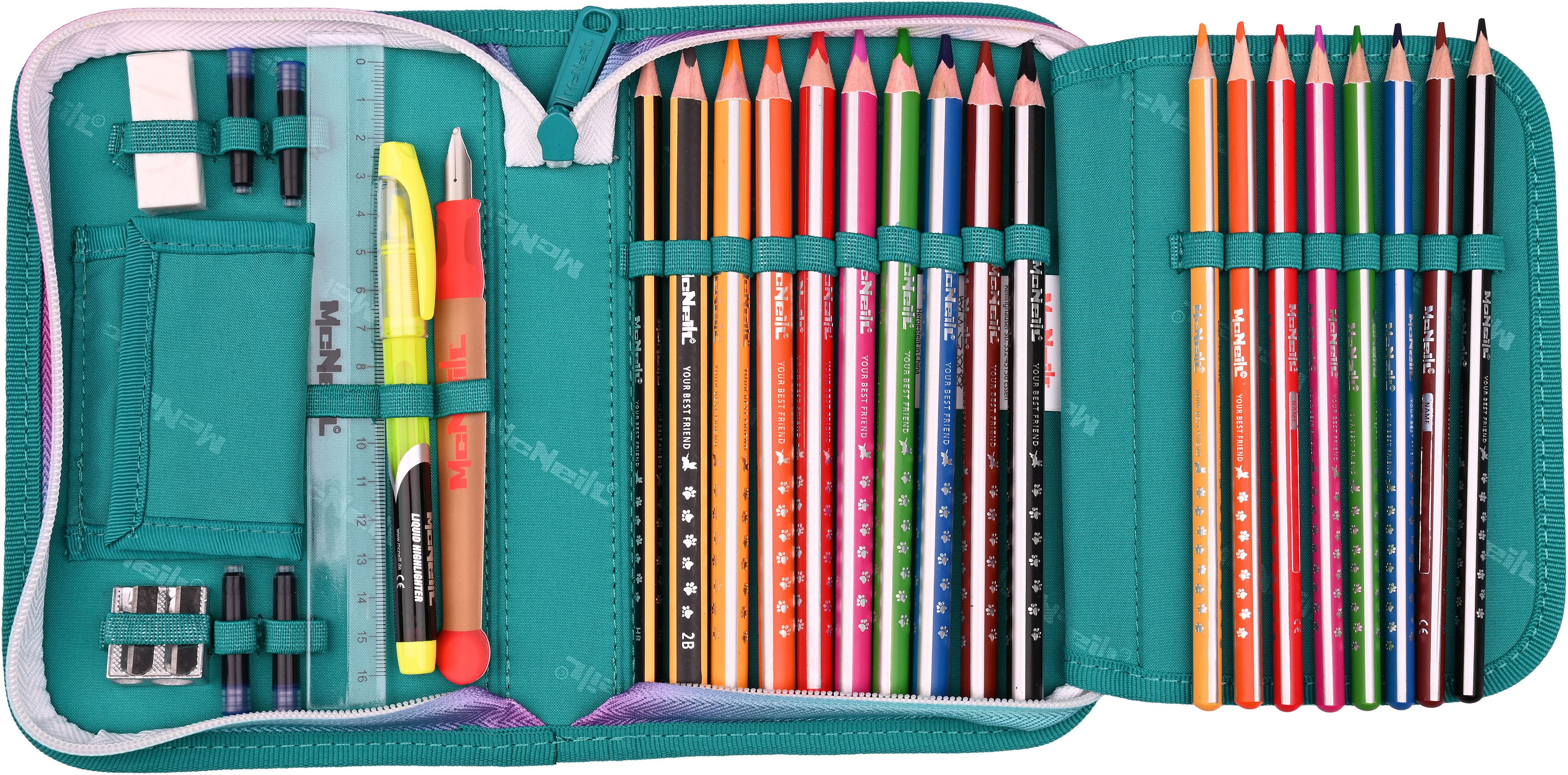 McNeill Schulranzen Bravo, inkl. Etui, Turnbeutel, (Set, 9-tlg., Schlamperrolle, Trinkflasche, Lunchbox, 2 Magnete & 1 Anhänger)