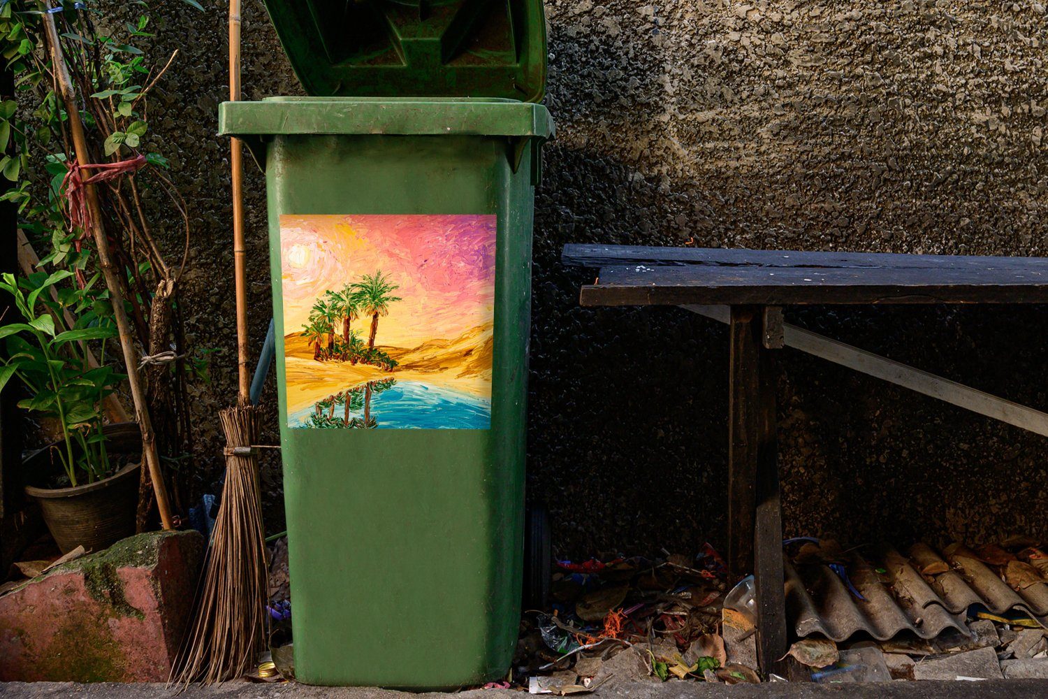 MuchoWow Wandsticker Gemälde - Öl Natur Container, - Palme Mülltonne, (1 Sticker, - Mülleimer-aufkleber, St), Wasser Abfalbehälter 