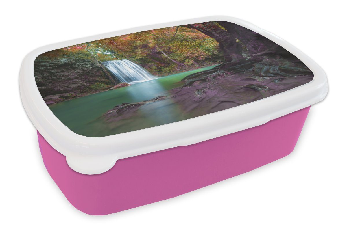 Kinder, einem Blätter Brotdose in für Snackbox, im Kunststoff, Bunte Erawan-Nationalpark Mädchen, Thailand, Brotbox an Wasserfall Kunststoff MuchoWow rosa Erwachsene, (2-tlg), Lunchbox
