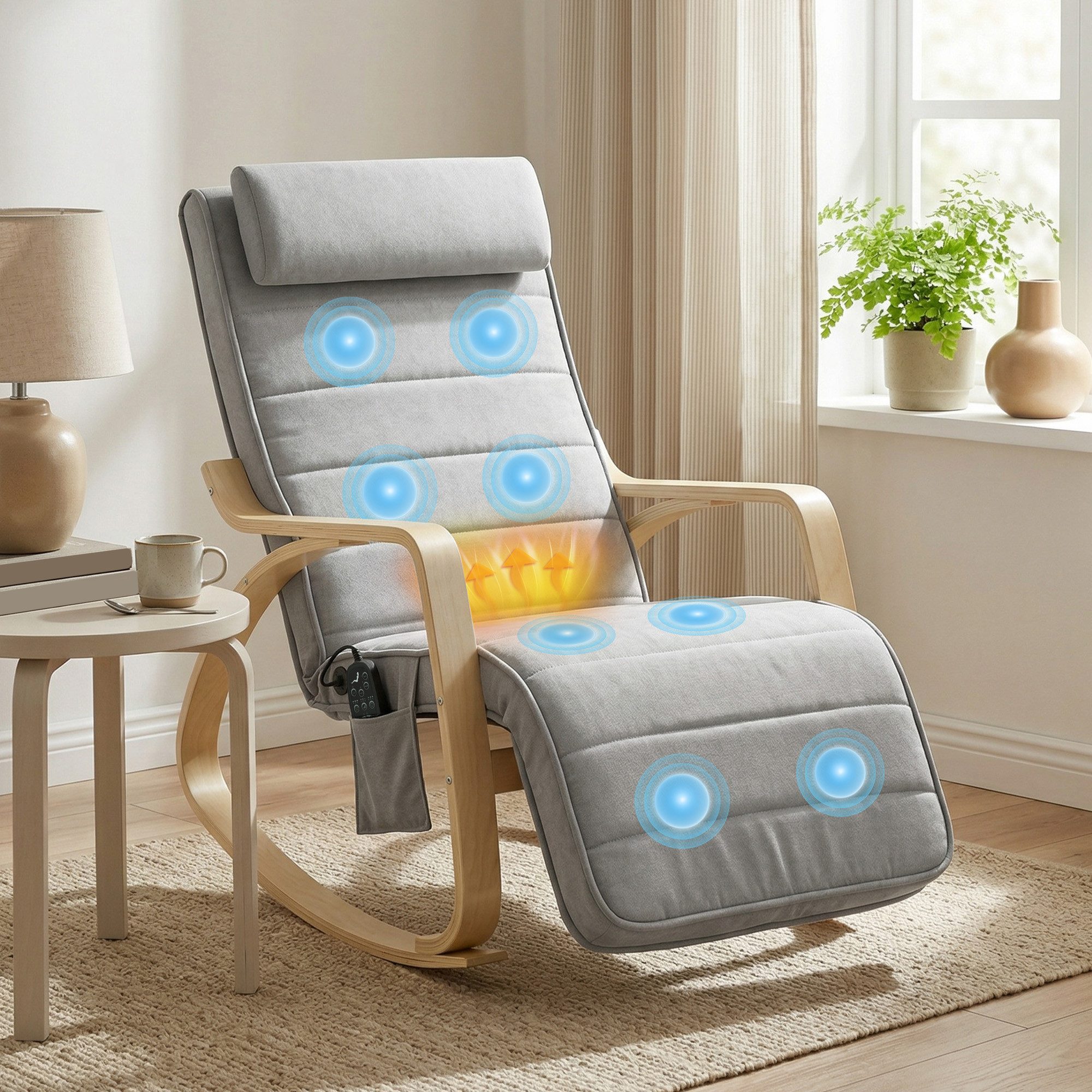 HOMCOM Schaukelstuhl Schaukelsessel mit Massagefunktion, Relaxstuhl mit Samtoptik (Lesesessel, 1 St), Schwingsessel für Wohnzimmer, Schlafzimmer, Hellgrau