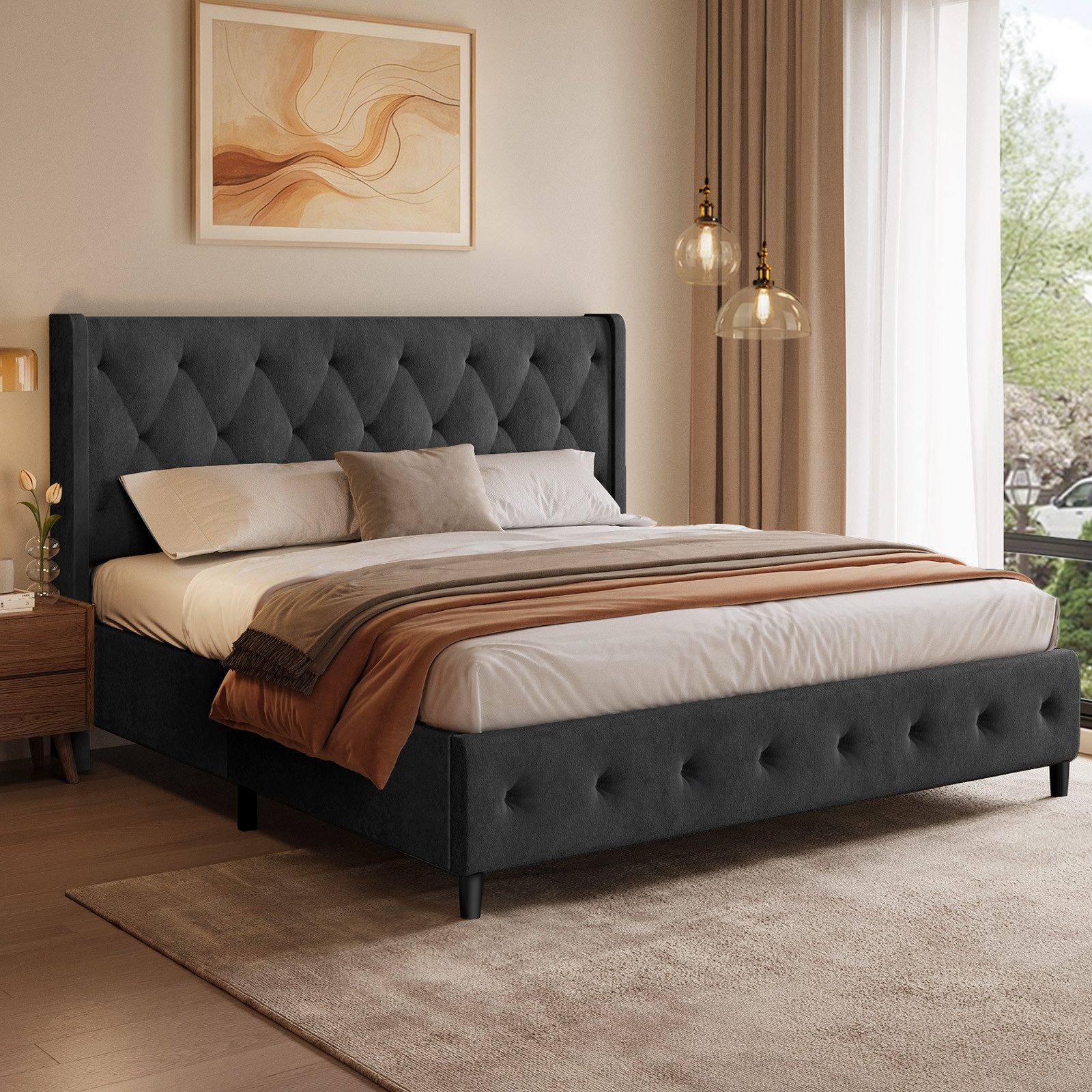 Lexzurn Polsterbett Polsterbett 140x200 cm Bett mit Lattenrost (Doppelbett mit gepolstertem Kopfteil, Einfache Montage, Robustes Gestell und Hochwertiger Samtstoff), wählen Sie Größe und Farbe! Kostenlose Lieferung!