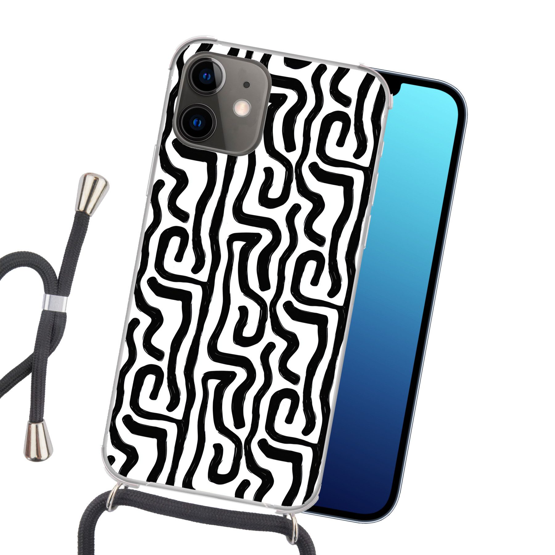 MuchoWow Handyhülle für Apple iPhone 12 Modern - Linien - Schwarz, Tragbare Handyhüllen mit Kette zum umhängen, Handykette Handyband