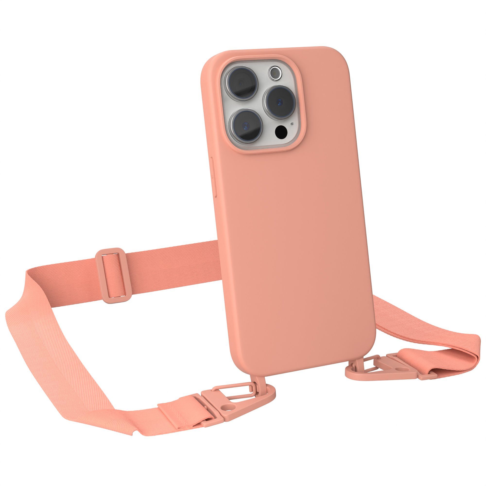 EAZY CASE Handykette Karabiner Breitband für Apple iPhone 15 Pro 6,1 Zoll, Silicon Handyhülle mit breiter Kette Carabiner Necklace Altrosa Coral
