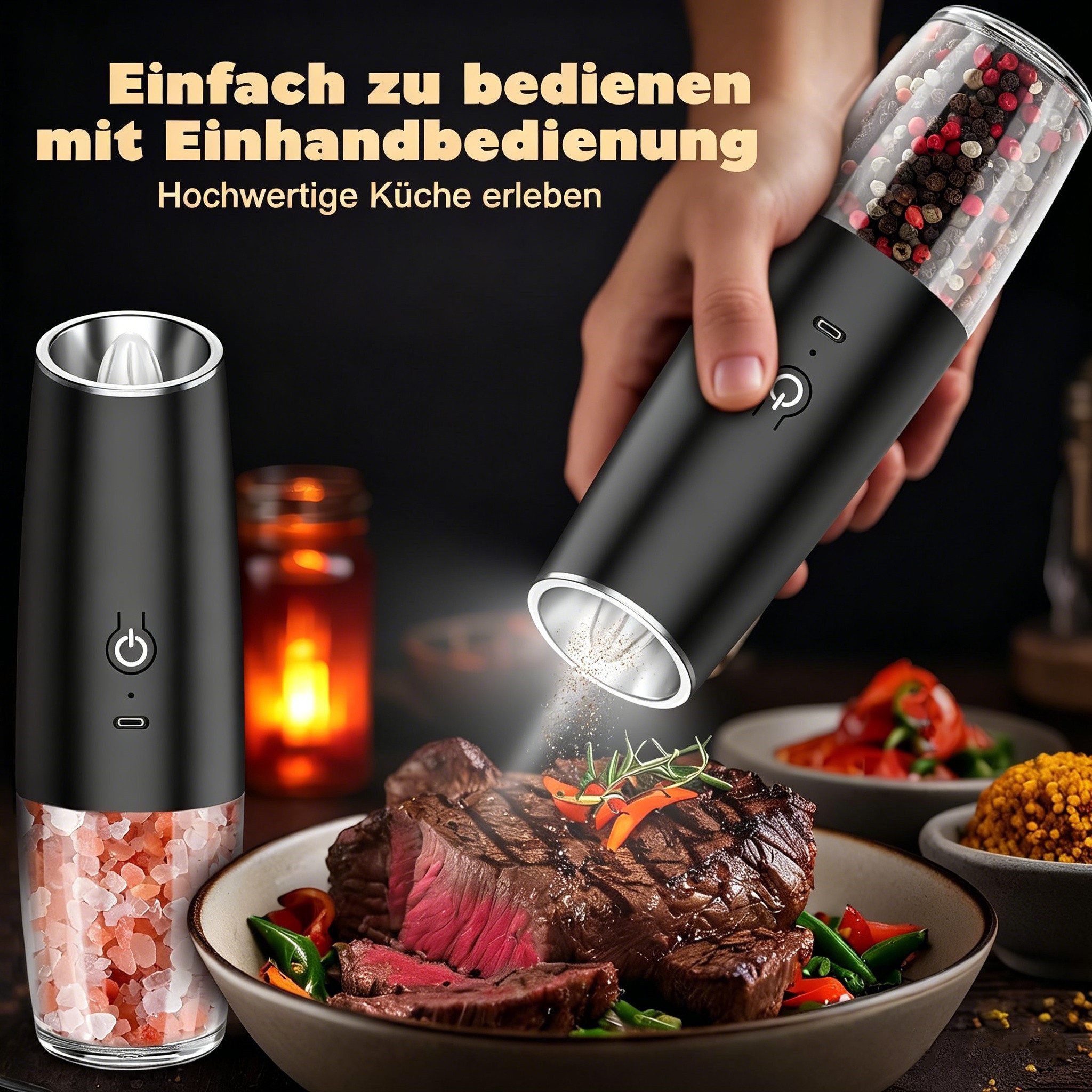 Kityhome Grinder Elektrischer Salz- und Pfeffermühlen Set, 2er Set USB Betriebsart, LED,Keramikmahlwerk,Für alle Gewürze geeignet