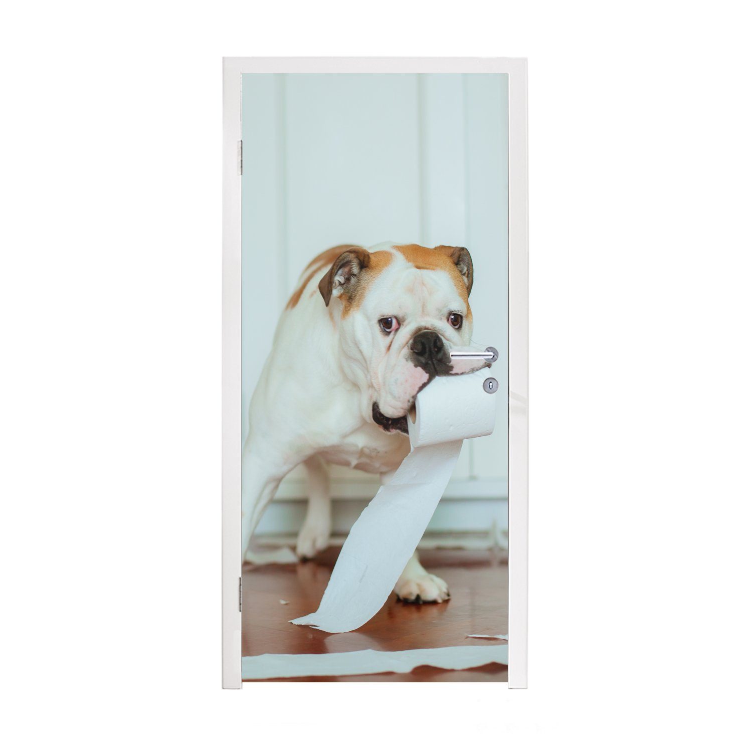 MuchoWow für Fototapete St), cm mit Tür, Hund Türtapete spielt bedruckt, (1 Türaufkleber, 75x205 Matt, Toilettenpapier,