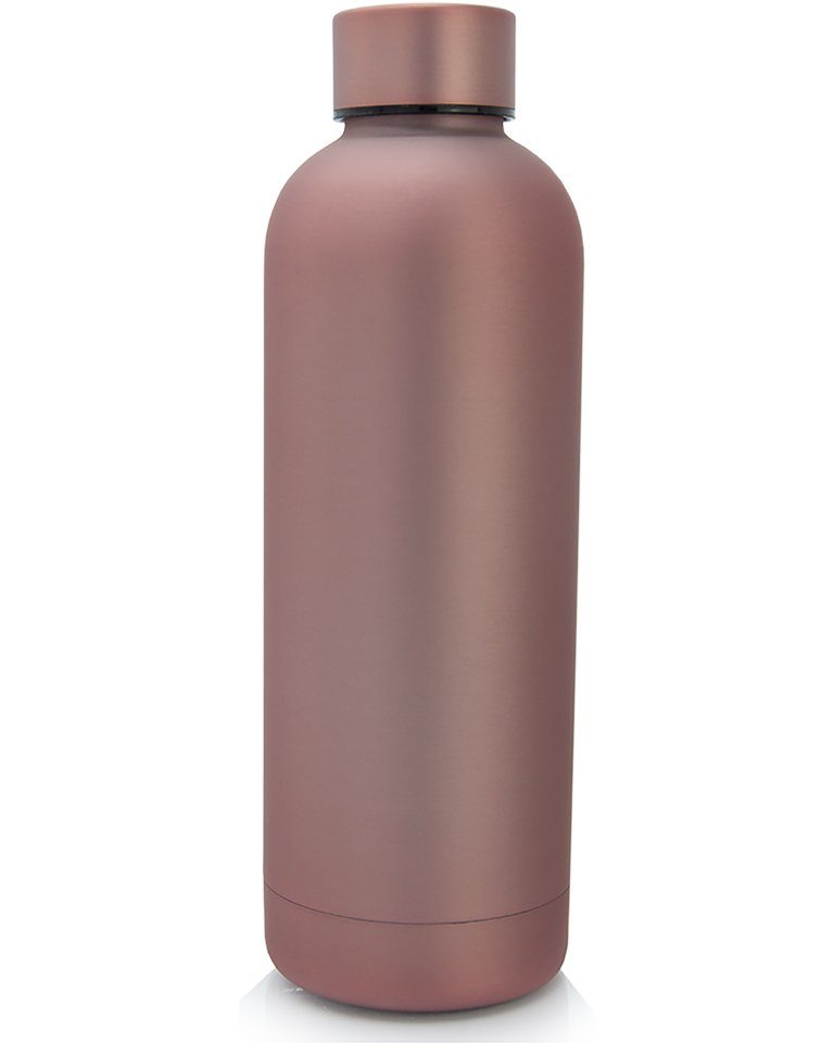 TRENDY AND NEW Trinkflasche Wasserflasche Matt mit HEISS 500ml, auslaufsichere GRATIS Kohlensäure, 29h für Edelstahl hält für Trinkflasche Thermoskanne 14h unterwegs, T&N EFFECTIVE mit 0,5l für Samttasche EISKALT, Kaffee, HIGH Sprudel-Wasser Isolierflasche für INSULATION Büro, für TECHNOLOGY Tee Classique Flasche Roségold & Thermosflasche