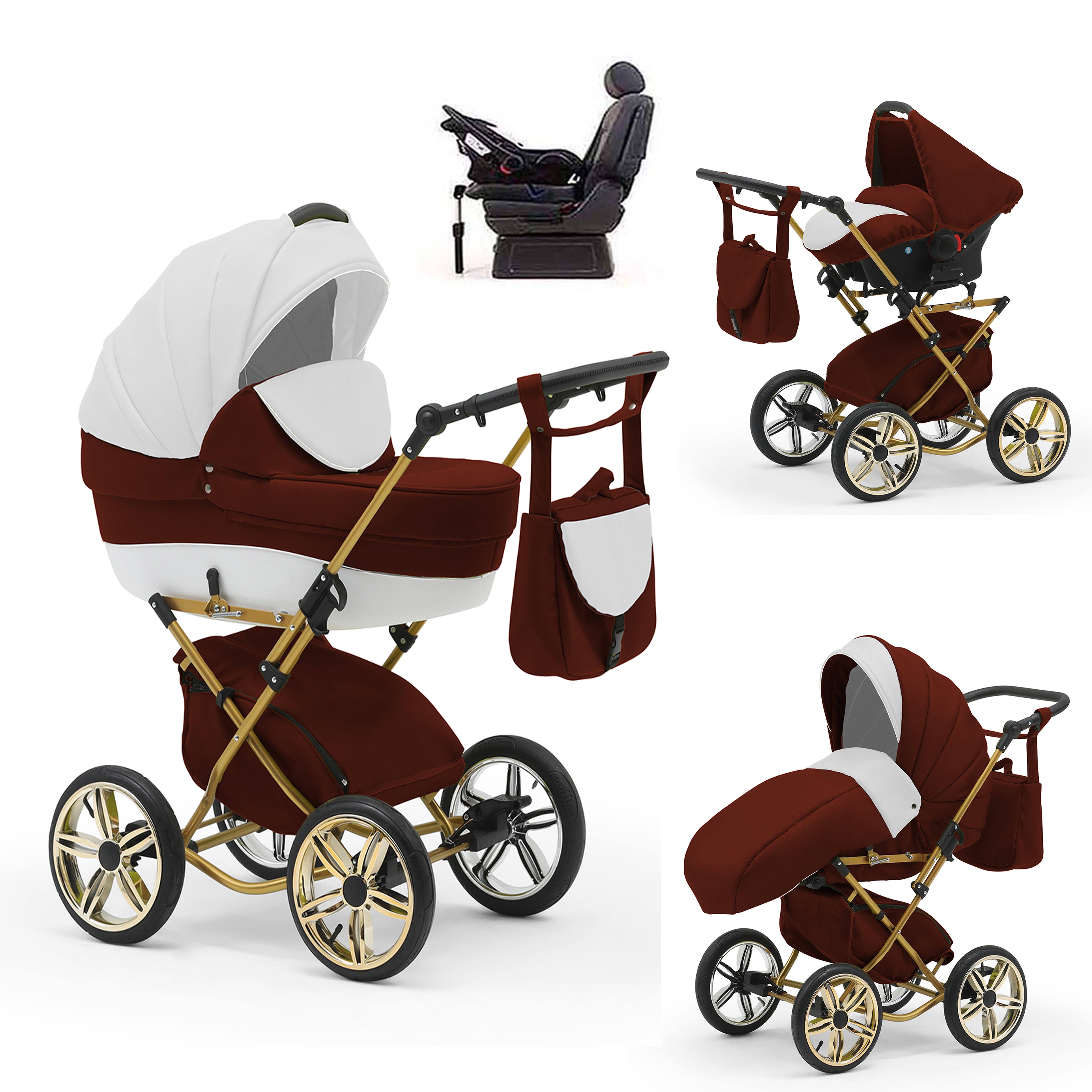 babies-on-wheels Kombi-Kinderwagen Sorento 4 in 1 inkl. Autositz und Iso Base - 14 Teile - in 10 Designs Weiß-Bordeaux